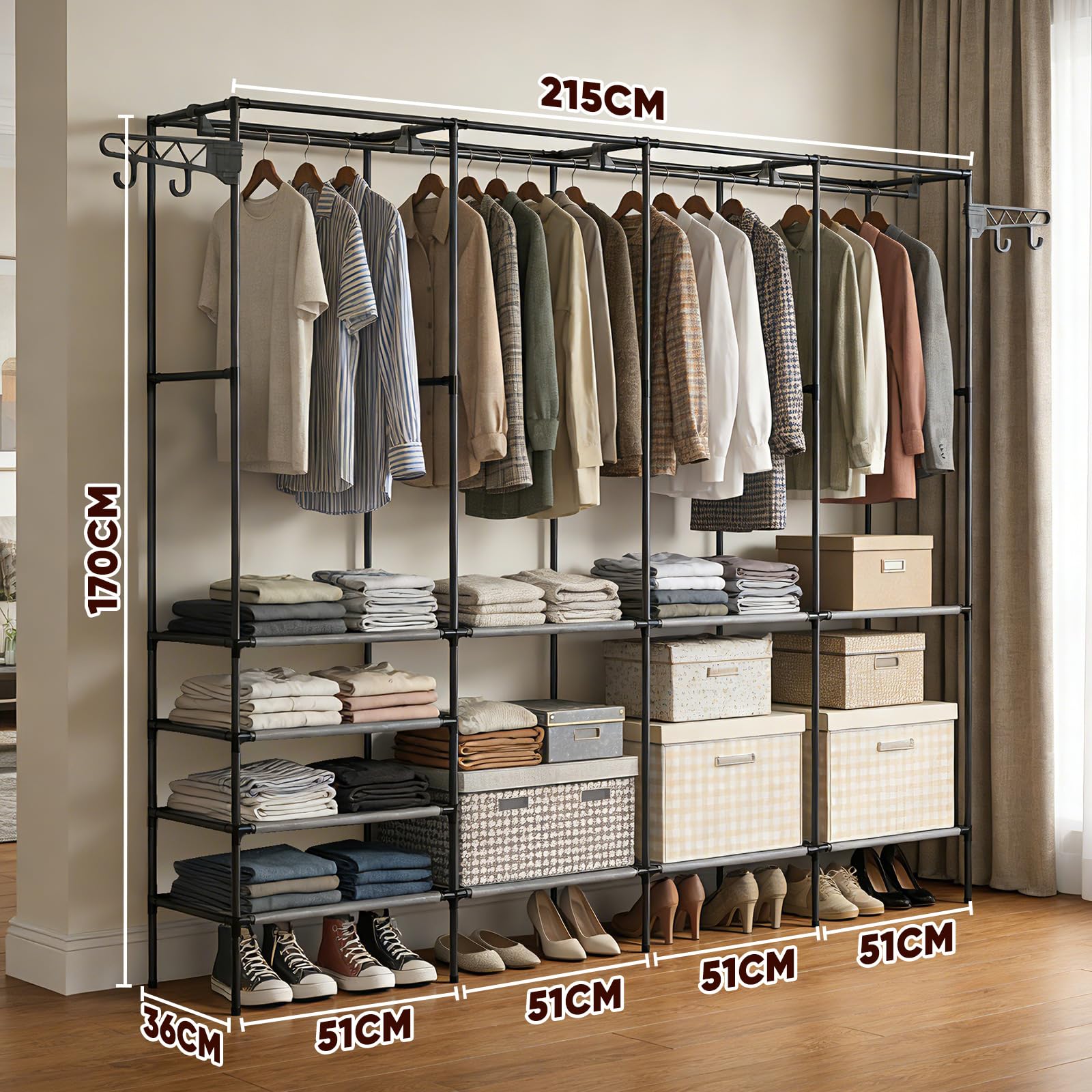 Soontrans Penderie Vetement Grande Capacité, Penderie avec 10 Étagères et 2 Crochets, Armoire Ouverte à la Fois Démontable et Robuste, pour Chambre, Salon et Dressing, 215×36×171 CM, Noir