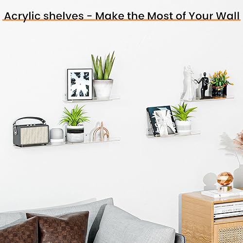 Miniatura 5 de upsimples Paquete de 4 estantes de baño acrílicos de 15 x 6 pulgadas para pared, estantes flotantes de baño sobre el inodoro, estante de