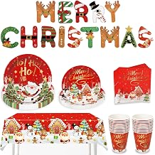 Christmas Party Tableware Set for 20 People, 82Pcs Xmas Decoration Paper Dinnerware Set with Christmas Banner Plastic Tablecloth, Plates, Napkins, Cups & Party Supplies