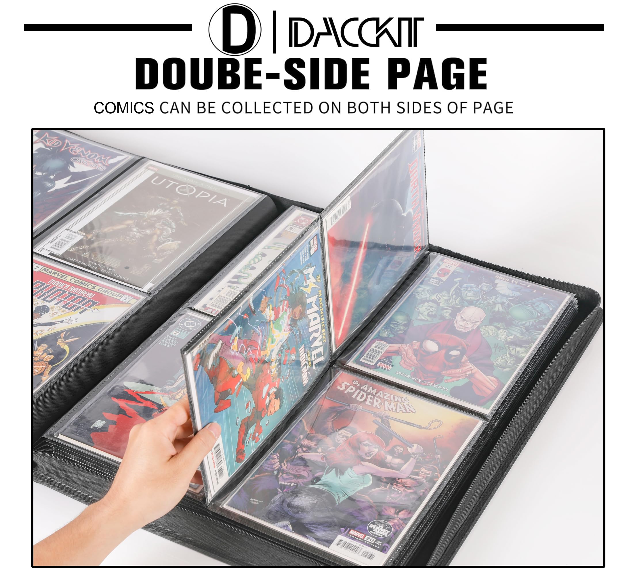D DACCKIT Raccoglitore di fumetti di alta qualità, contiene 96 fumetti, album per fumetti con maniche, adatto per fumetti regolari e fumetti insaccati e imbarcati (modello C, nero classico)