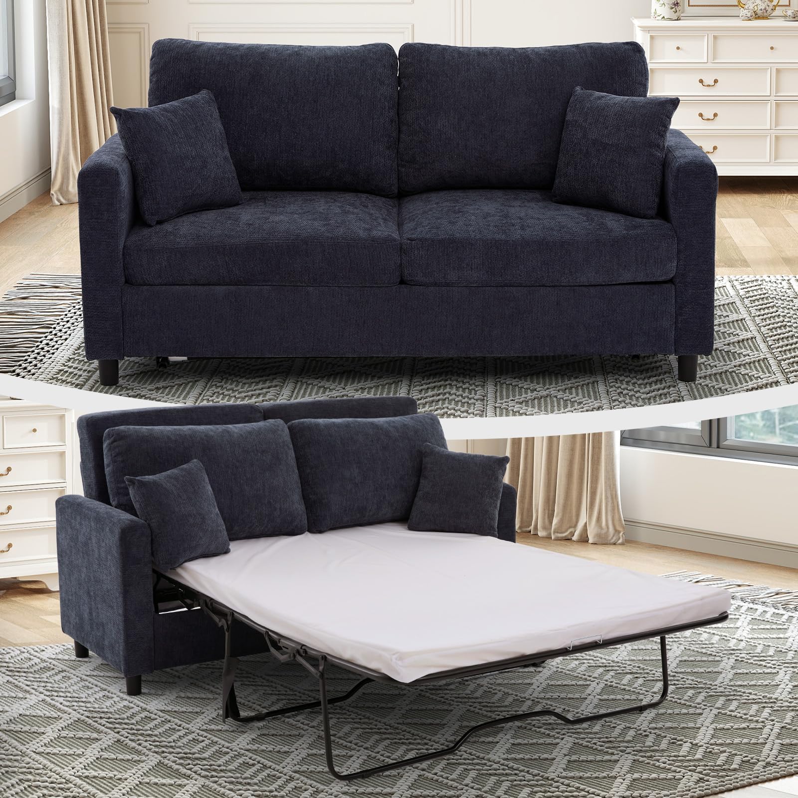 Antetek 72-inch Pull Out Sofa Bed with Mattress, Convertible 2-in-1 Folding Full Size Chenille Futon Comfy Loveseat Sleeper Sofa Couch Bed with Square Arms for Guest Room Living Room Bedroom, Grey