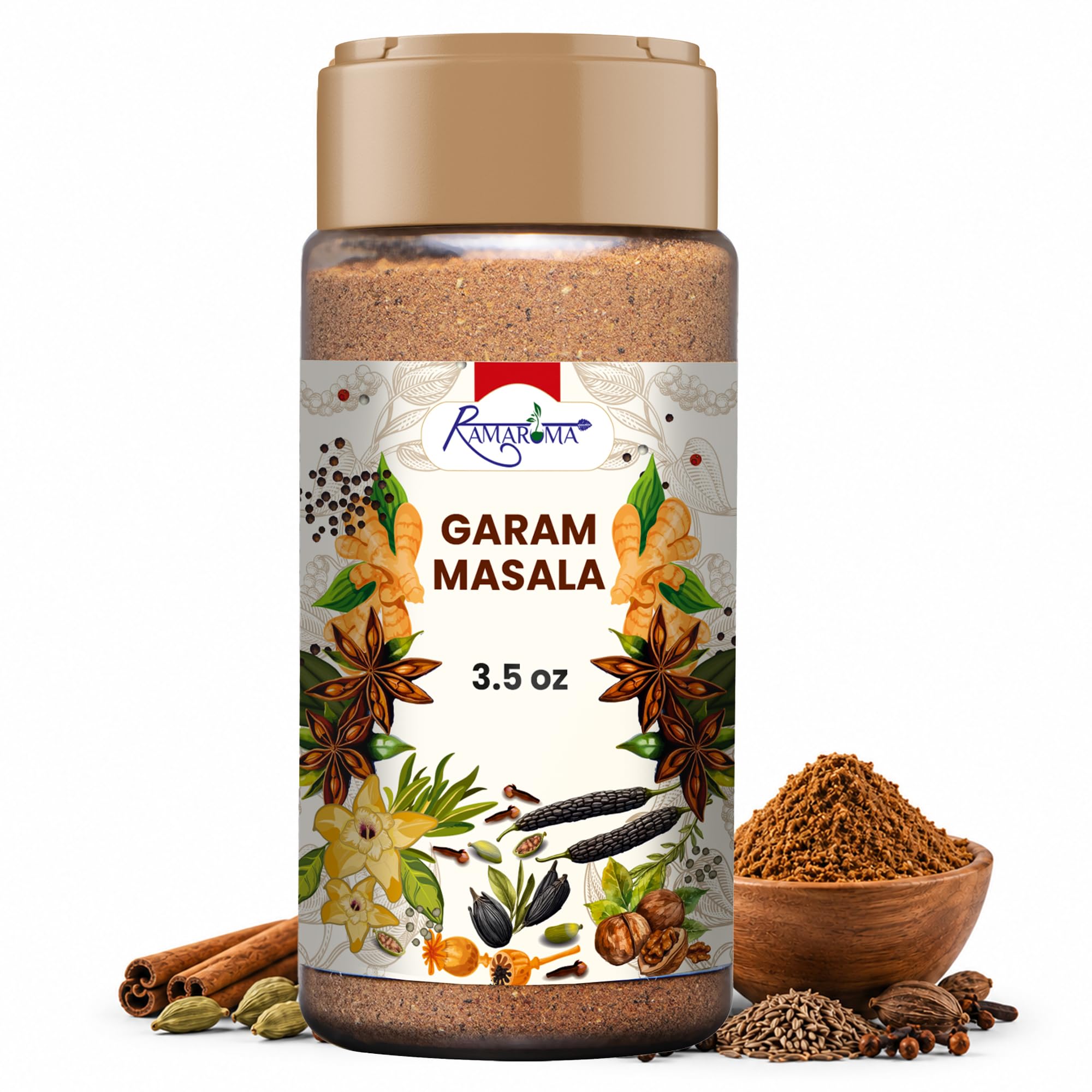 Ramaroma Natural Garam Masala Indian 15-Spice Blend Powder, 3.5oz (100g) All Natural, Salt-Free | Vegan | No Colors | Gluten Friendly | NON-GMO | Rich