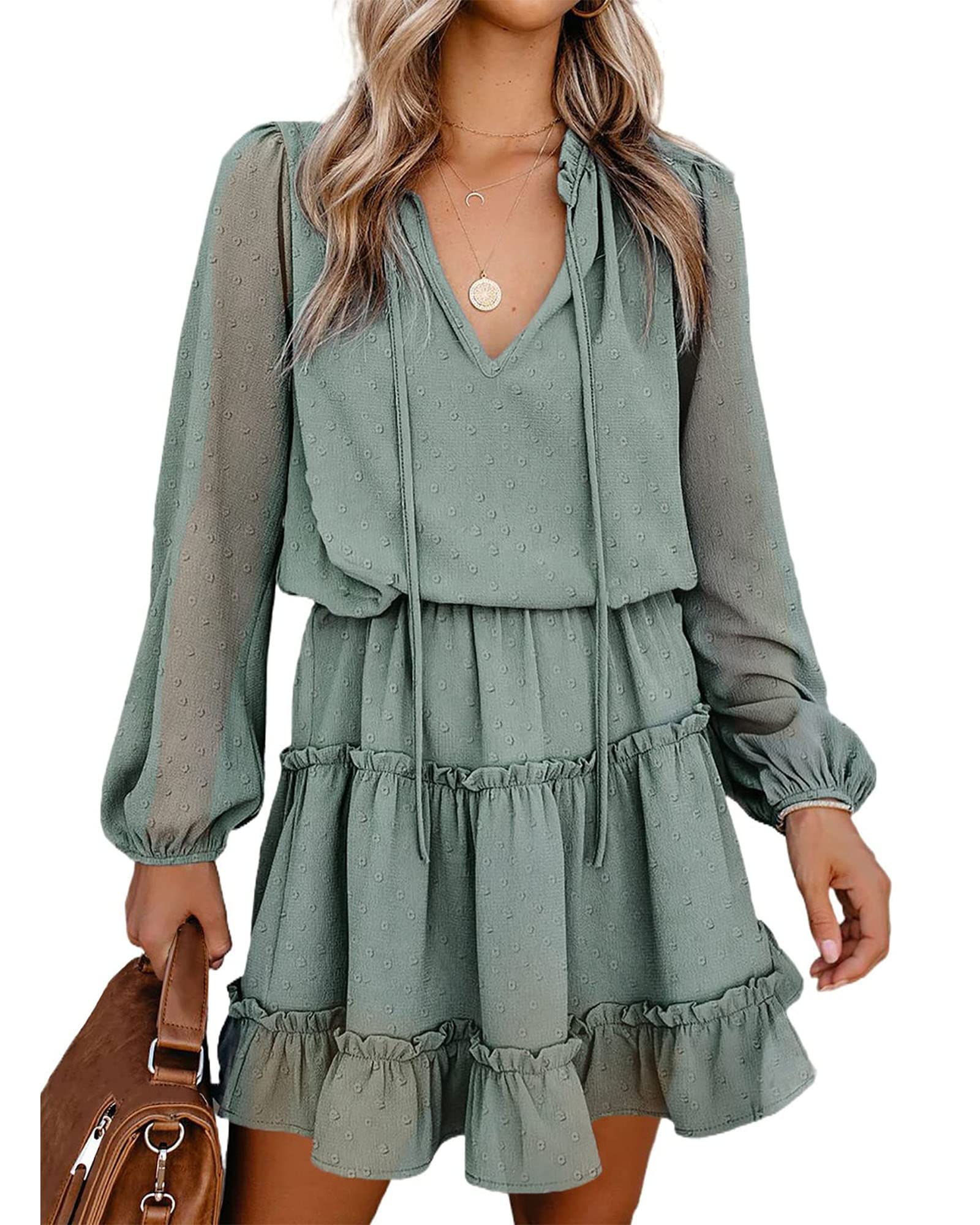 BTFBM Long Sleeve Fall Dresses for Women 2025 Summer Casual Tie Neck Ruffle Tiered A Line Wedding Guest Short Mini Dress(Dot Green, Large)