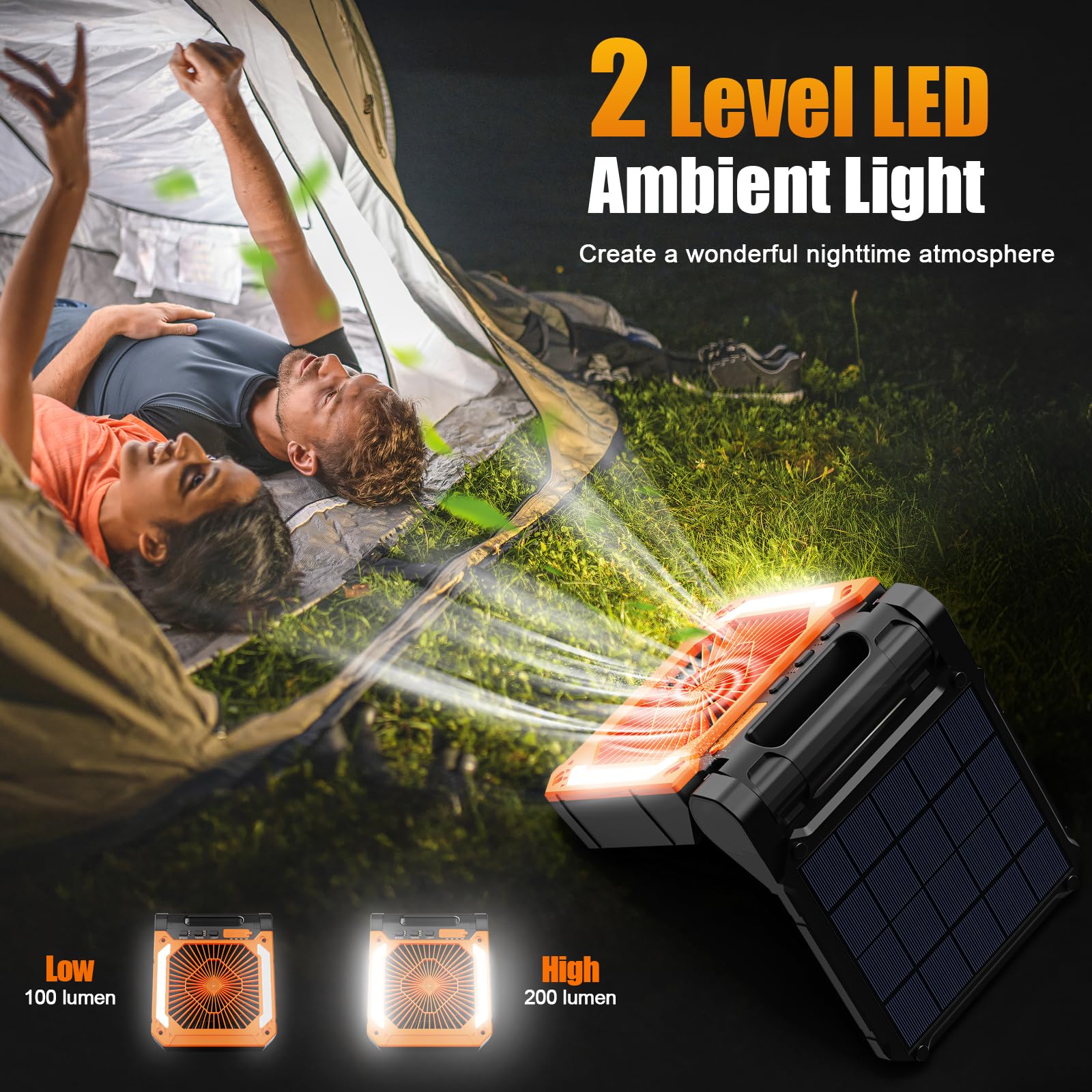 Ventilateur solaire de camping - 20 000 mAh - Rechargeable - USB - Avec lumière LED et crochet - Clip à piles - Pour extérieur, camping, panne de courant, pêche, ouragan