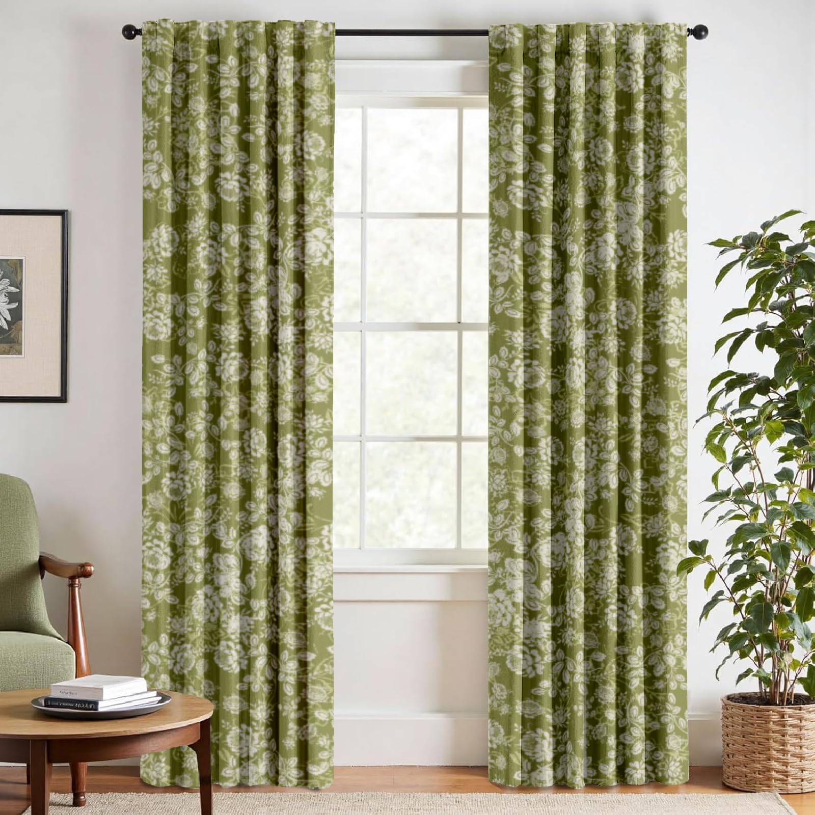 Sage Green Linen Curtains for Bedroom Living Room, Semi Sheer Linen Floral Blackout Curtains 84 Inch Length 2 Panels, Light Filtering Black Out