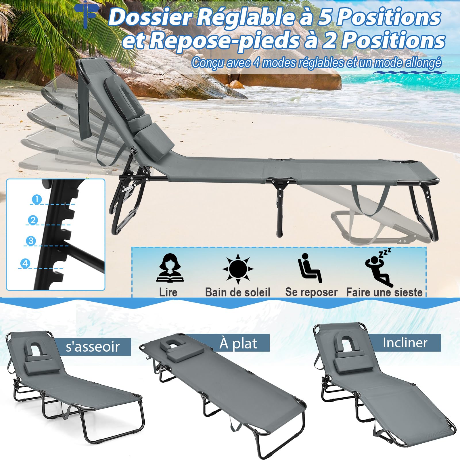 GOPLUS Chaise Longue Pliante Inclinable à 4 Positions Réglables, Transat Jardin Extérieur avec Oreiller Détachable, Lit de Camping, pour Terrasse/Plage 189X59X40CM (1, Gris, 73x63x16CM)
