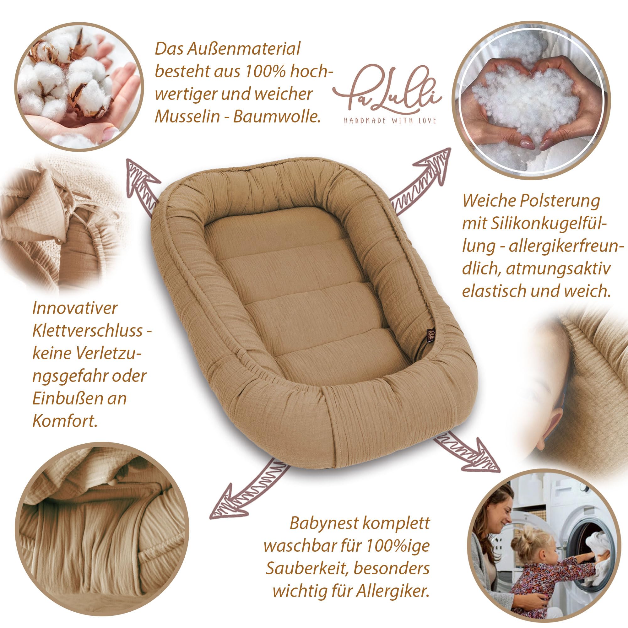 PaLulli® Set 2in1 Babynest und Einschlagdecke, 100% Musselinn, Baby Nestchen Set, Babynestchen - Baby Erstausstattung Babynestchen Neugeborene, Babynester Junge - mädchen (Braun)