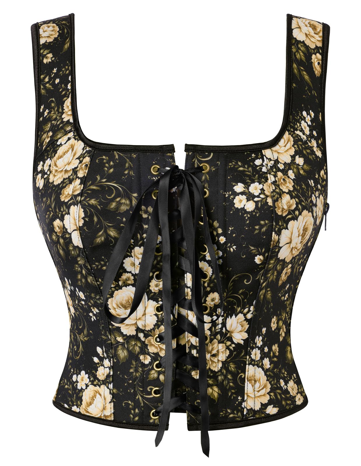 Scarlet Darkness Boned Waist Floral Renaissance Fairy Costume Corset Tops, Black Antique-gold Floral, 14 — image 1