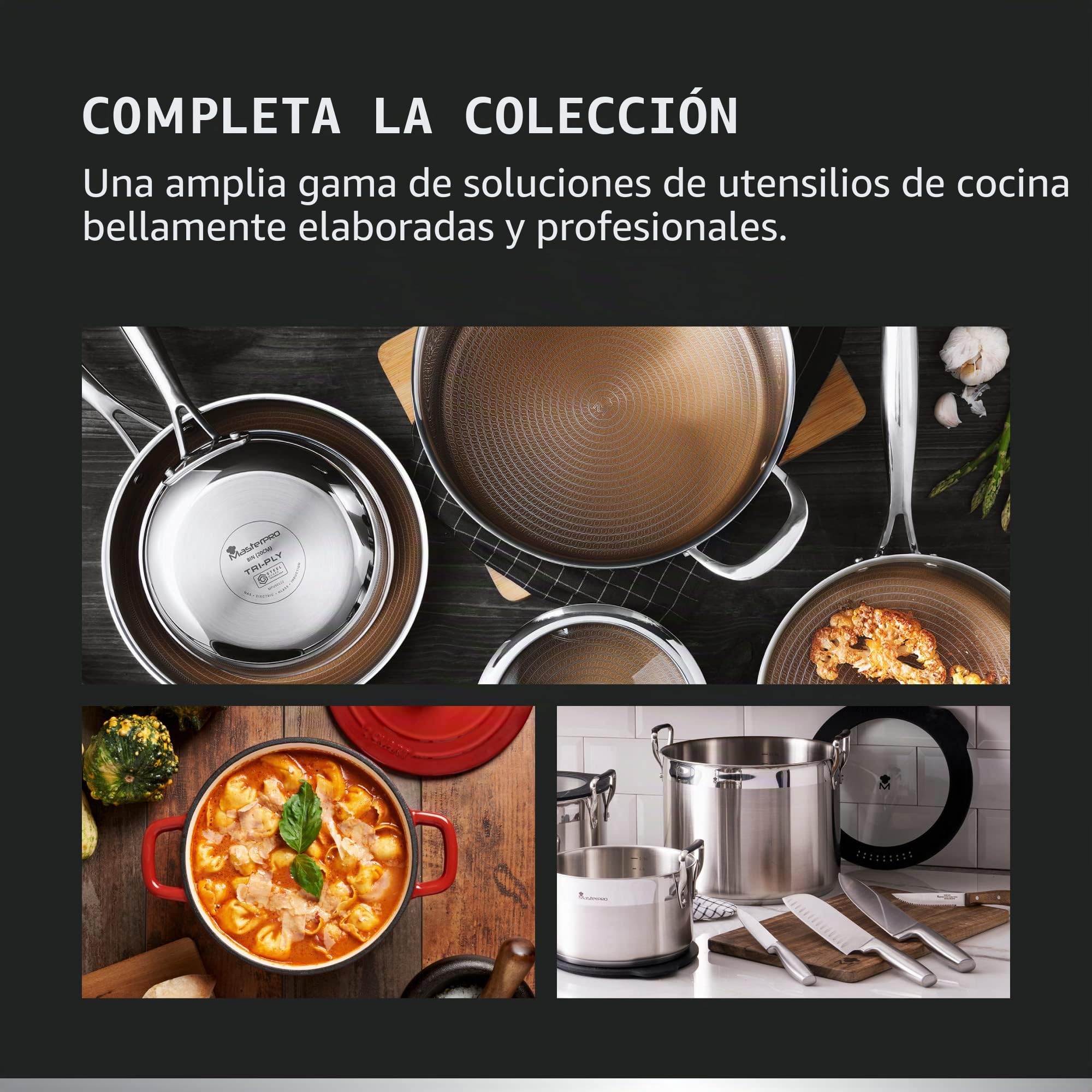 MasterPro Hi-Tech 3 | Cacerola de Cocina de 24 cm | Acero Inoxidable con Textura de Panal de Abeja | Revestimiento de 3 Capas | Menaje de Cocina | Apta para Todos los Tipos de Cocina