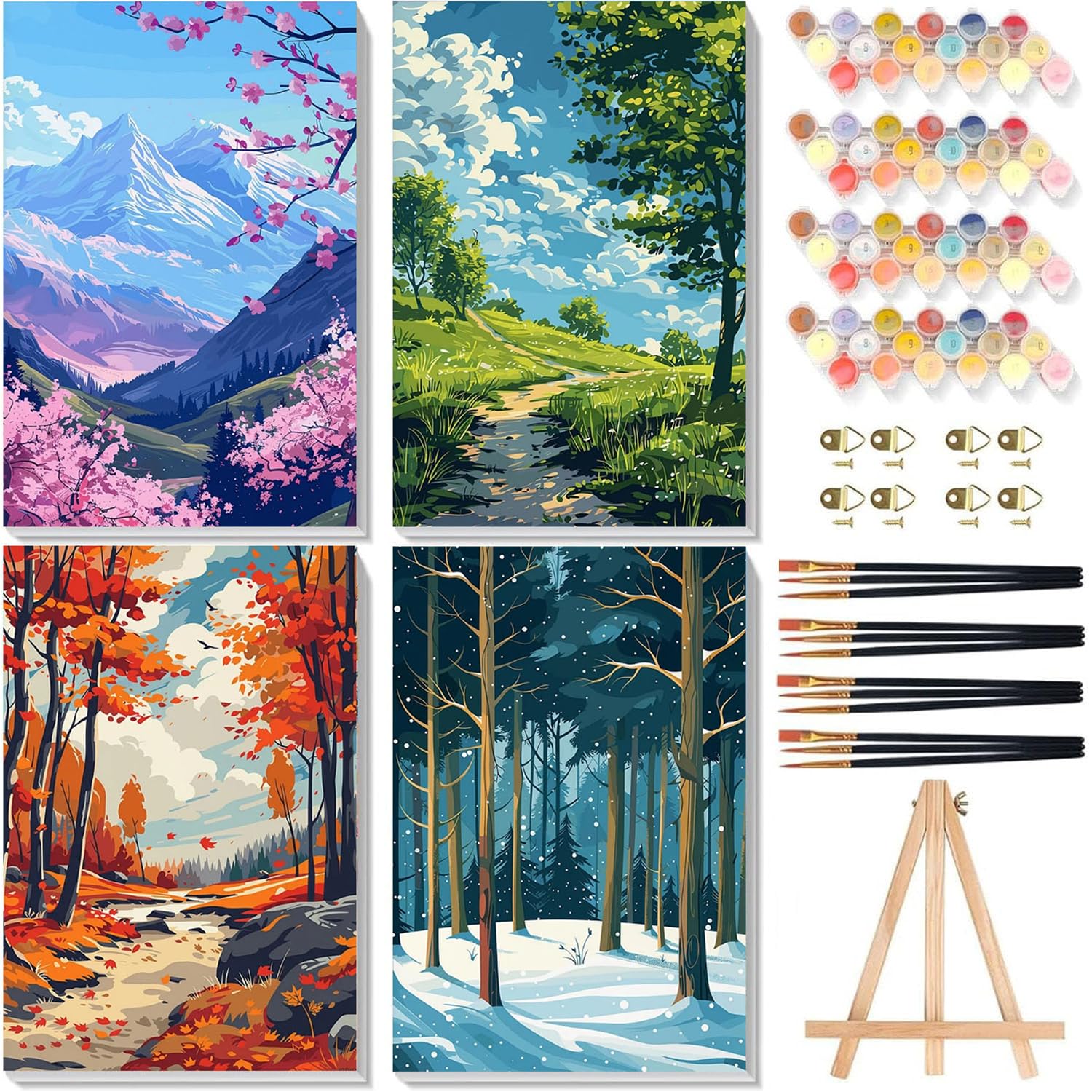 4 Pack Paint by Numbers for Adults with Framed Four Season 8x12 inch