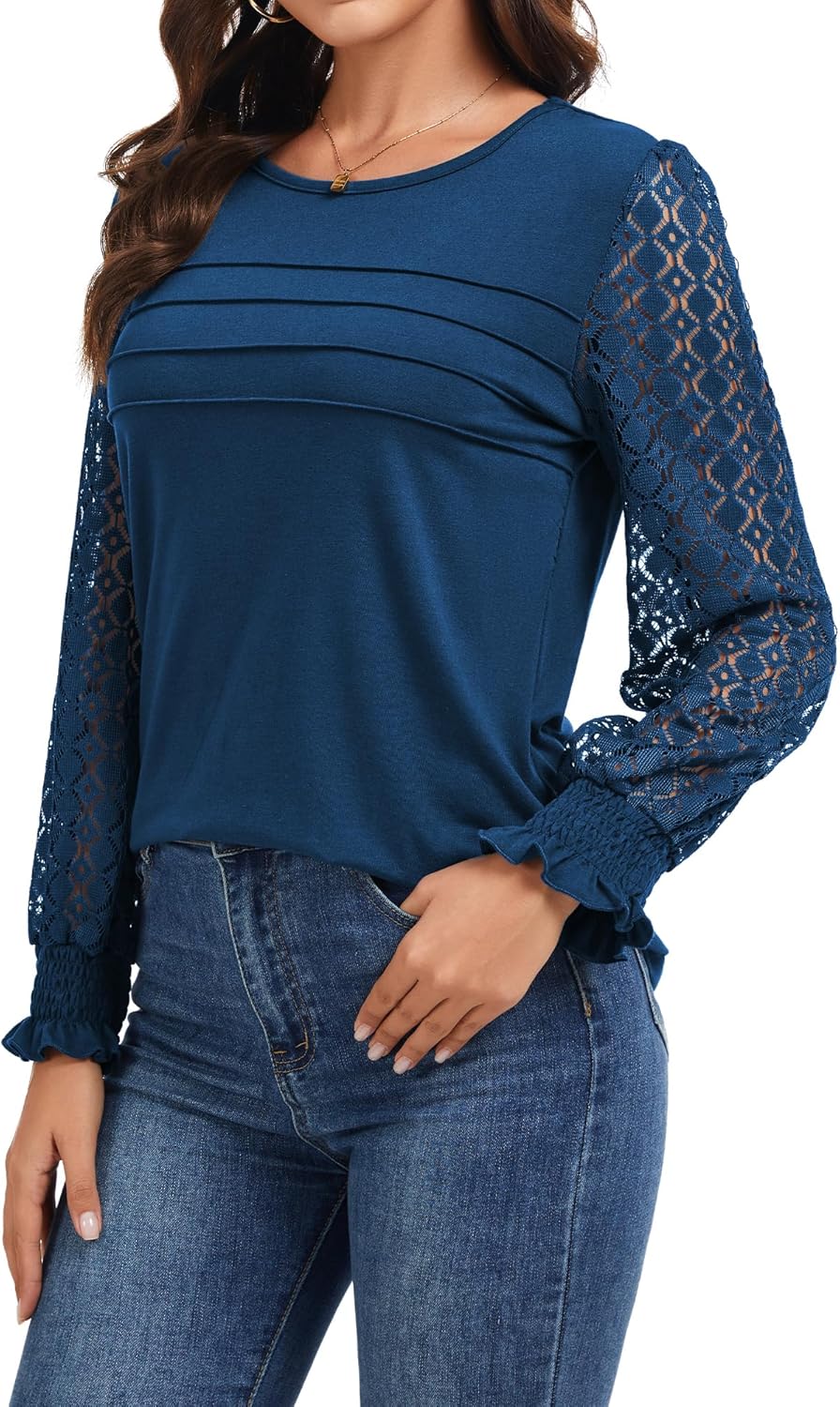 Womens Long Sleeve Shirts Pleated Front Business Casual with Crewneck Lace Tunic Tops Fit Blouse for Fall Dark Blue M - Image 4