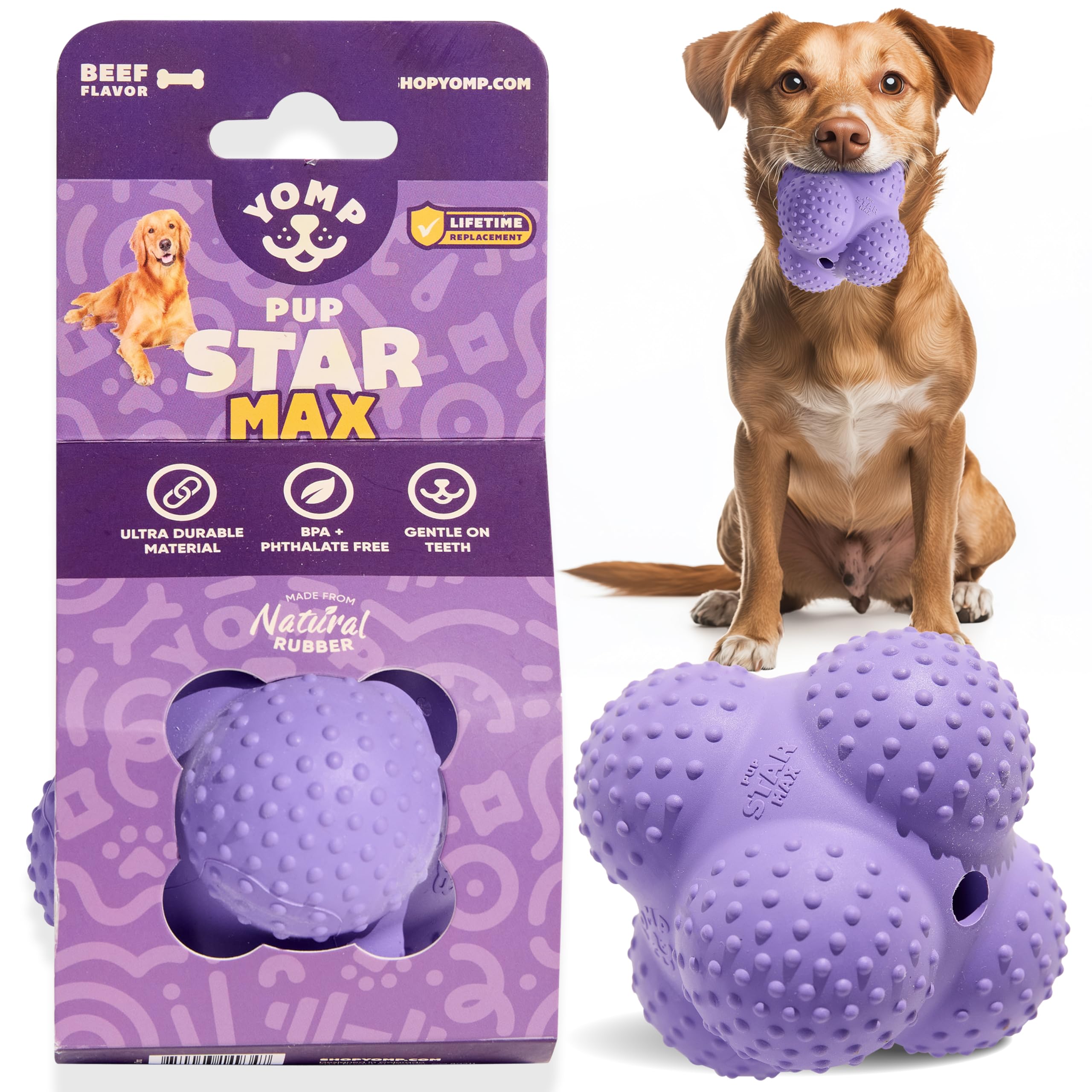 Yomp PupStar MAX Dog Toy – Star-Shaped, Bouncing Ball with Nubbins for Dental Health, Dishwasher Safe, Fun Bounce Path, Made of Non-Toxic, All-Natural