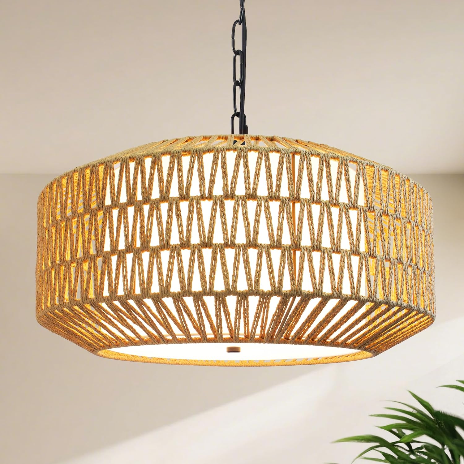 Farmhouse Chandelier Light Fixture, 5-Light Boho Rattan Chandelier with Fabirc Shade, 19.3'' Handwoven Farmhouse Hanging Light Fixture for Dining Room, Kitchen Island, Living Room, Foyer