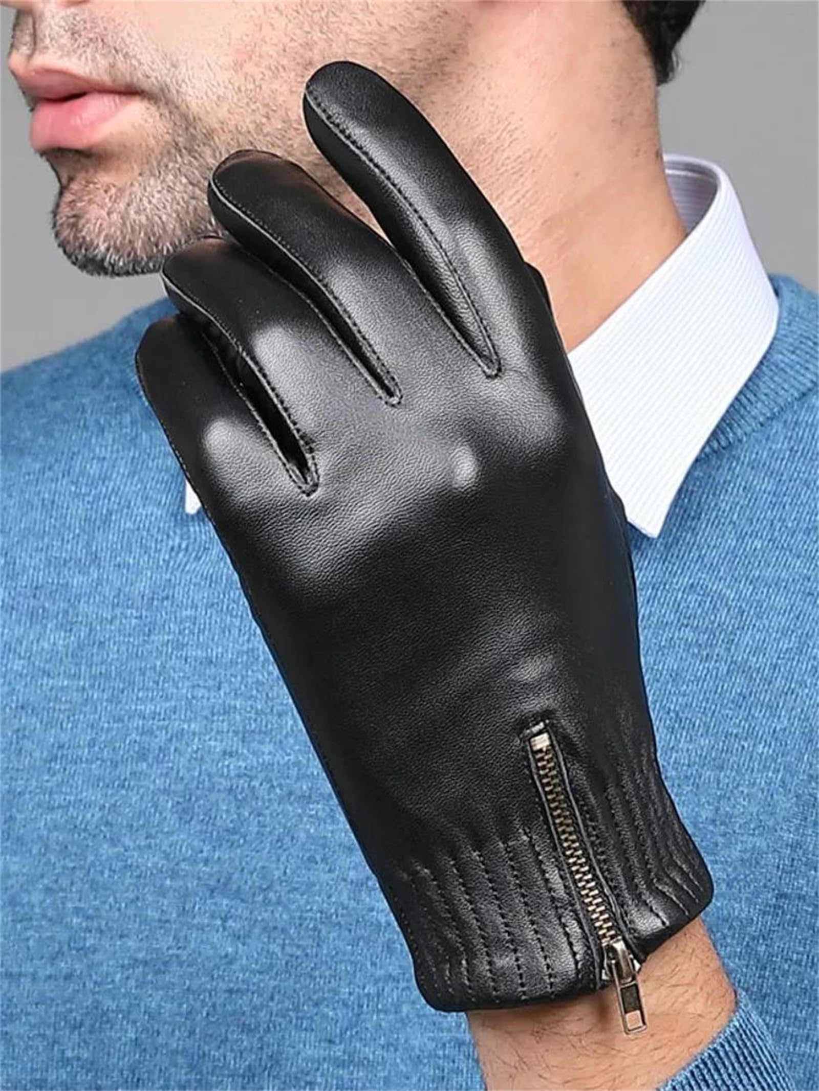 Guantes de piel de oveja auténtica para hombre, color negro, para pantalla táctil, forro polar, guantes de conducción cálidos para invierno