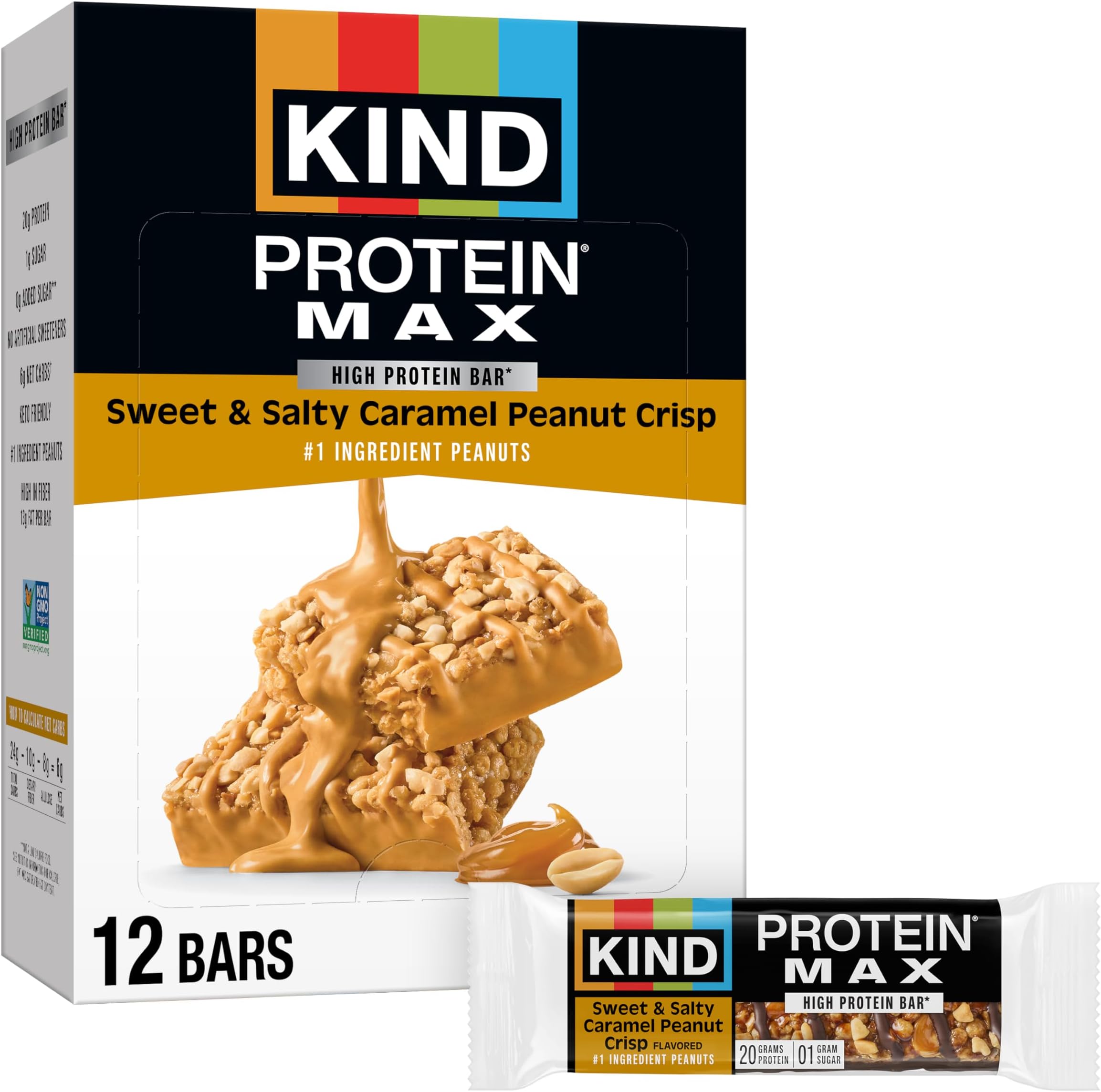 KIND Protein MAX Sweet & Salty Caramel Peanut Crisp Snack Bars, Keto Friendly, 20g Protein, 12 Count