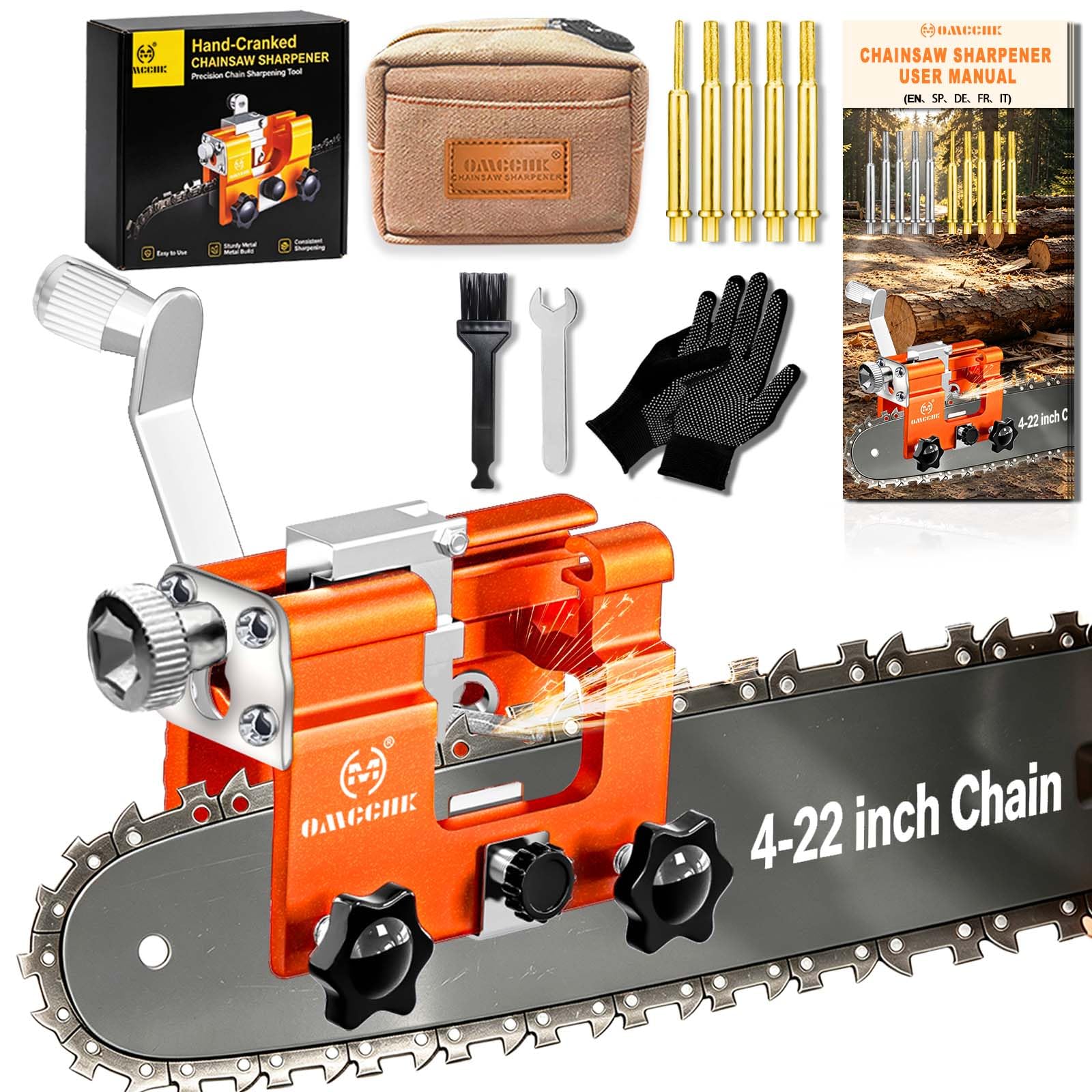 Chainsaw Sharpener Jig with 5 High Hardness Titanium Plated Diamond Bits &amp; Carry Bag, Hand Crank Portable Sharpening Kit Tool Accessories for 4" - 22" Chains Saw Sharpening