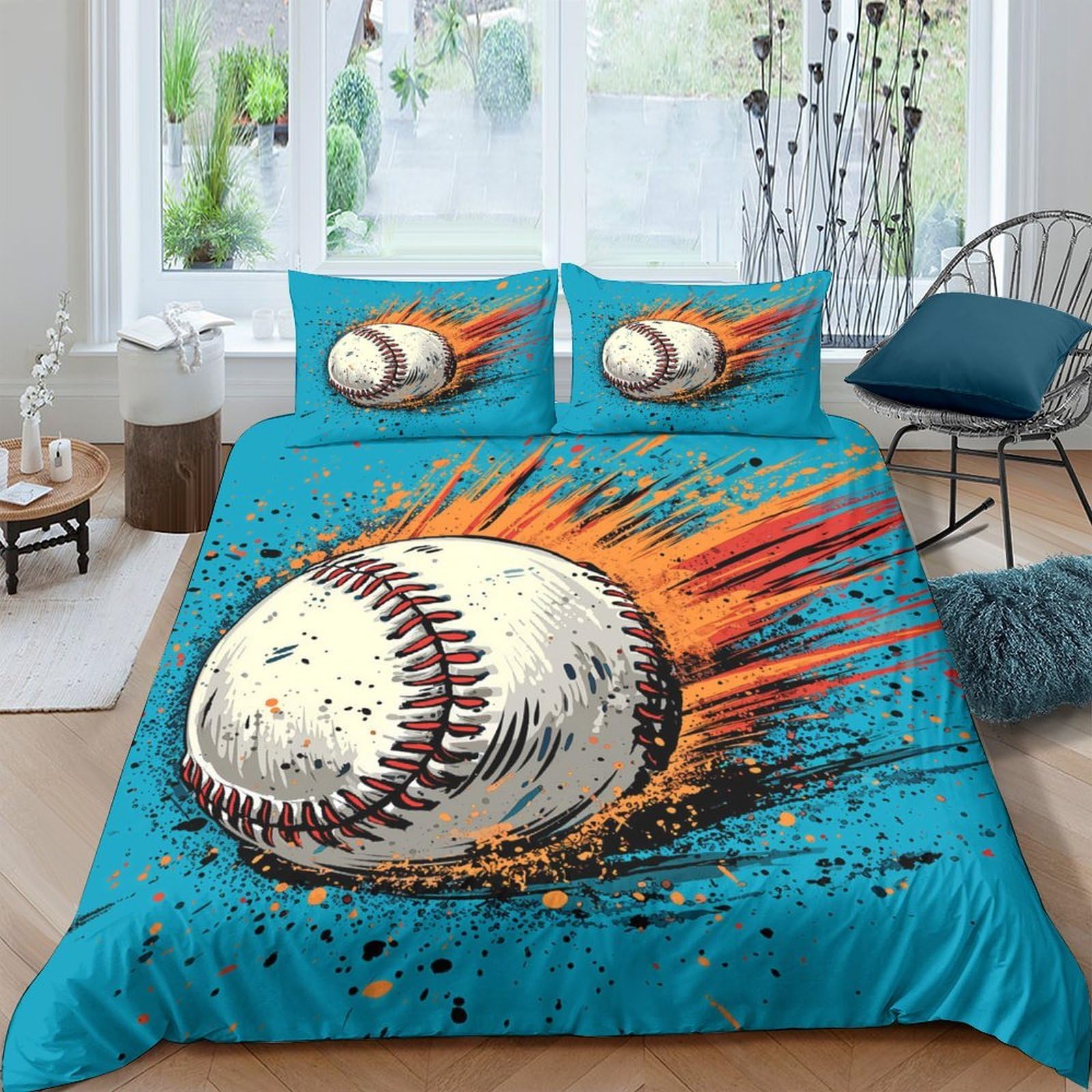 Ctjqhvkz Style-7 3D Printed Baseball Fire Fitted Sheet Microfiber Anti-Slip Vibrant Sport Bed Cover For Bedroom Guestroom Decor Single（135X200cm）