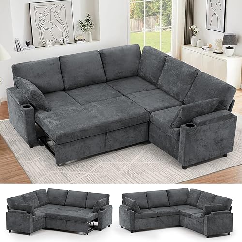 85" Chenille Reversible Sectional Sofa w/Pull Out Bed, Upholstery L-Shaped Couch w/Storage Armrests & Cup Holders, Modern Corner Sofa w/USB Charging Port & Throw Pillow for Living Room, Grey