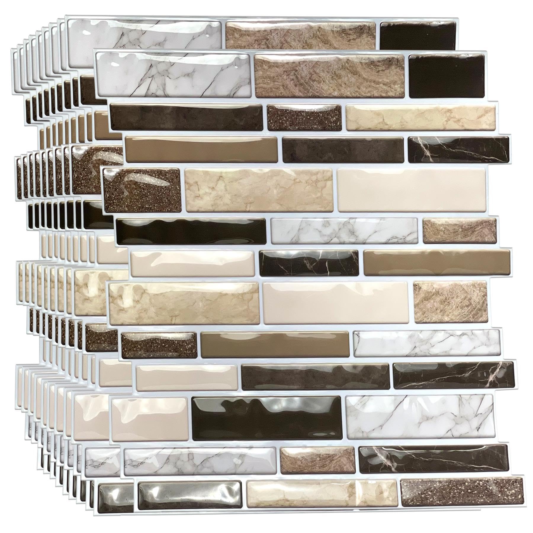 WALPLUS 10 PCS Brown Stone Mosaic 3D Tile Stickers 30.5 x 30.5 cm, Peel and Stick Waterproof Self Adhesive Wall Tiles for Kitchen Bathroom Splashback