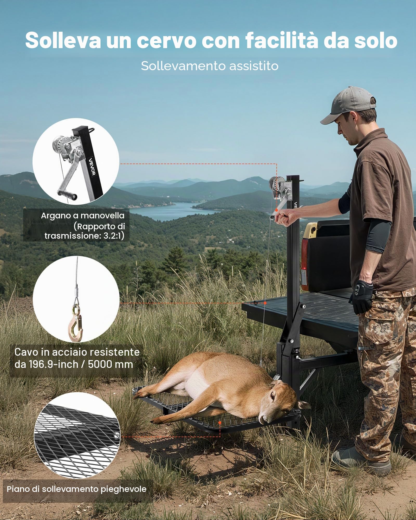 VEVOR Argano per Cervi con Piattaforma di Sollevamento, Carico di 136 kg, Verricello per Selvaggina con Ricevitore da 50,8 mm, Girevole a 360 Gradi e Gancio Pieghevole per Spostare la Selvaggina