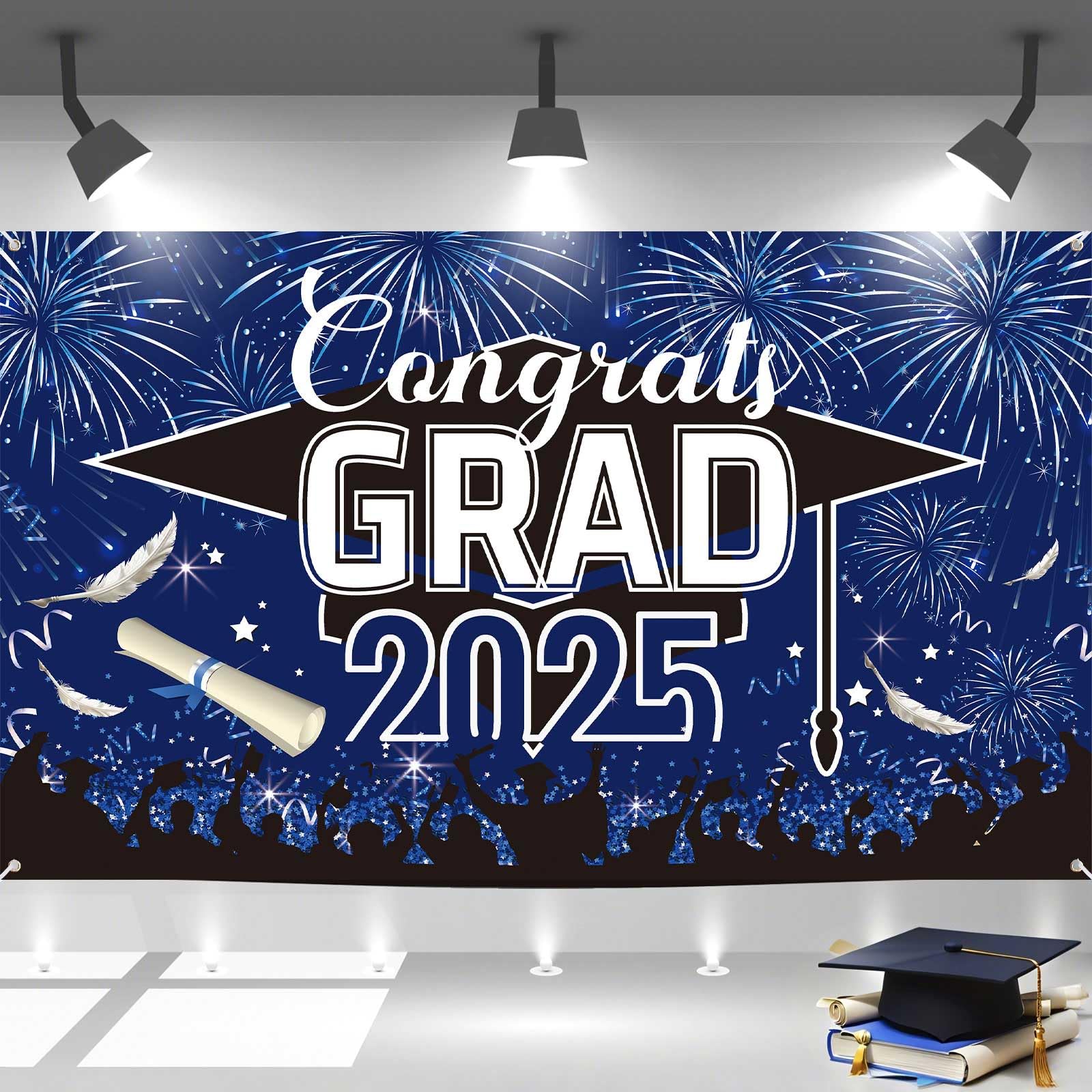 Graduation Banner, Graduation Decorations 2026, Blue Black Banner Graduation, Large Blue Graduations Sign Backdrop