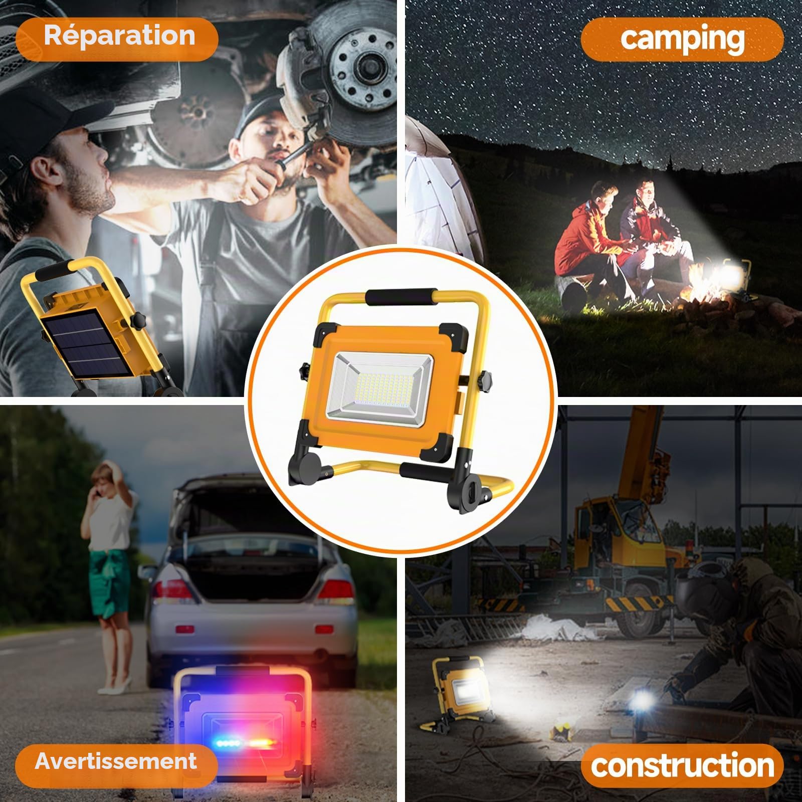 Projecteur Chantier LED Rechargeable Solaire 100W Lampe de Travail | 4 Modes, 120 LED, 14000mAh Batterie, Étanche USB Banque d'alimentation, Pour Garage, Camping, Bricolage, Atelier