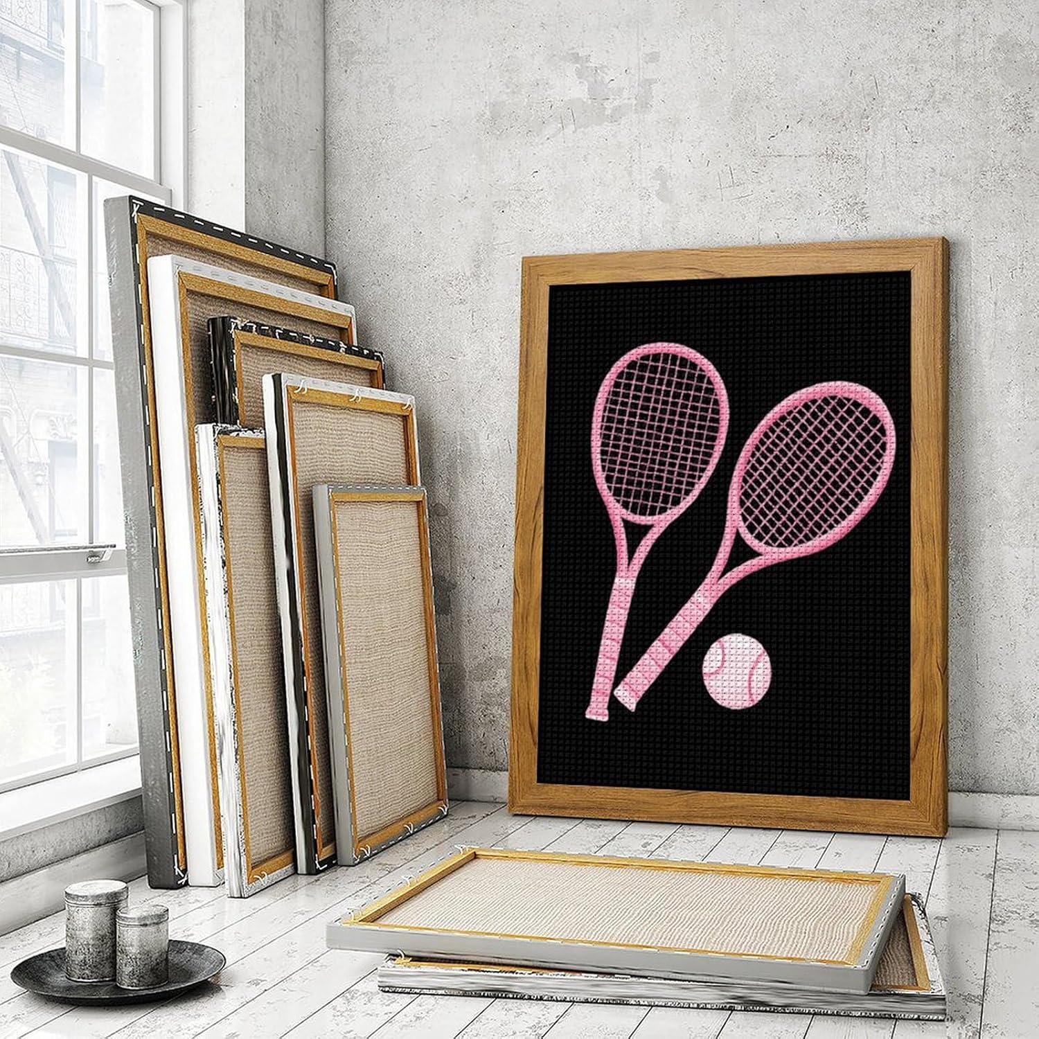 Tennis Racket And Ball Diamond 5D Painting Kits with Frame DIY Full Round Drill Gem Art Crafts for Home Wall Decor 16 X 20in Yellow Wood 40 * 50cm