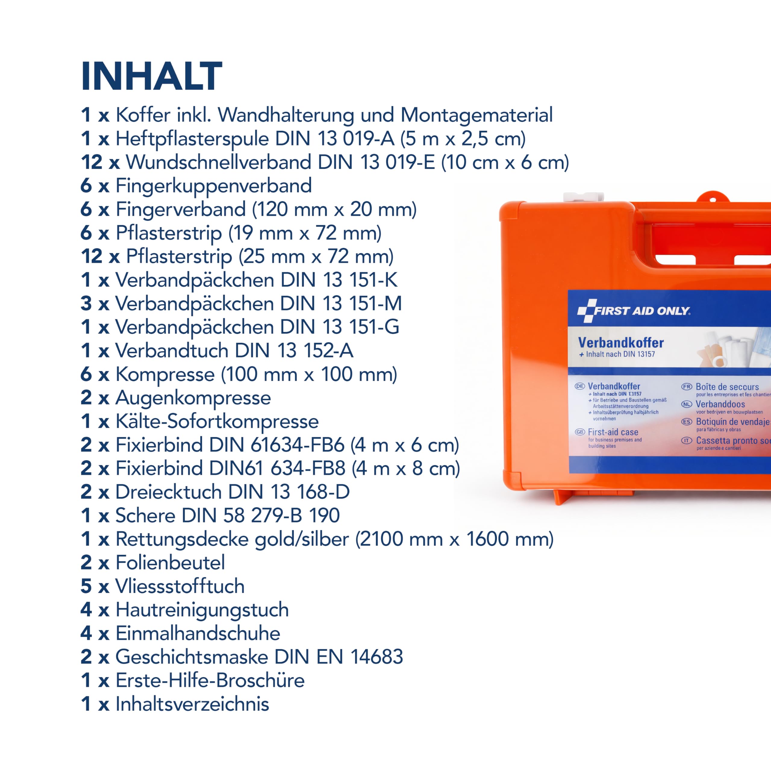 First Aid Only Erste Hilfe Koffer DIN 13157 mit Wandhalterung | Verbandskasten für Betriebe und Haushalte gefüllt nach DIN 13157:2021 | Tragegriff, Montagematerial und 90°-Arretierung | P-51001 00