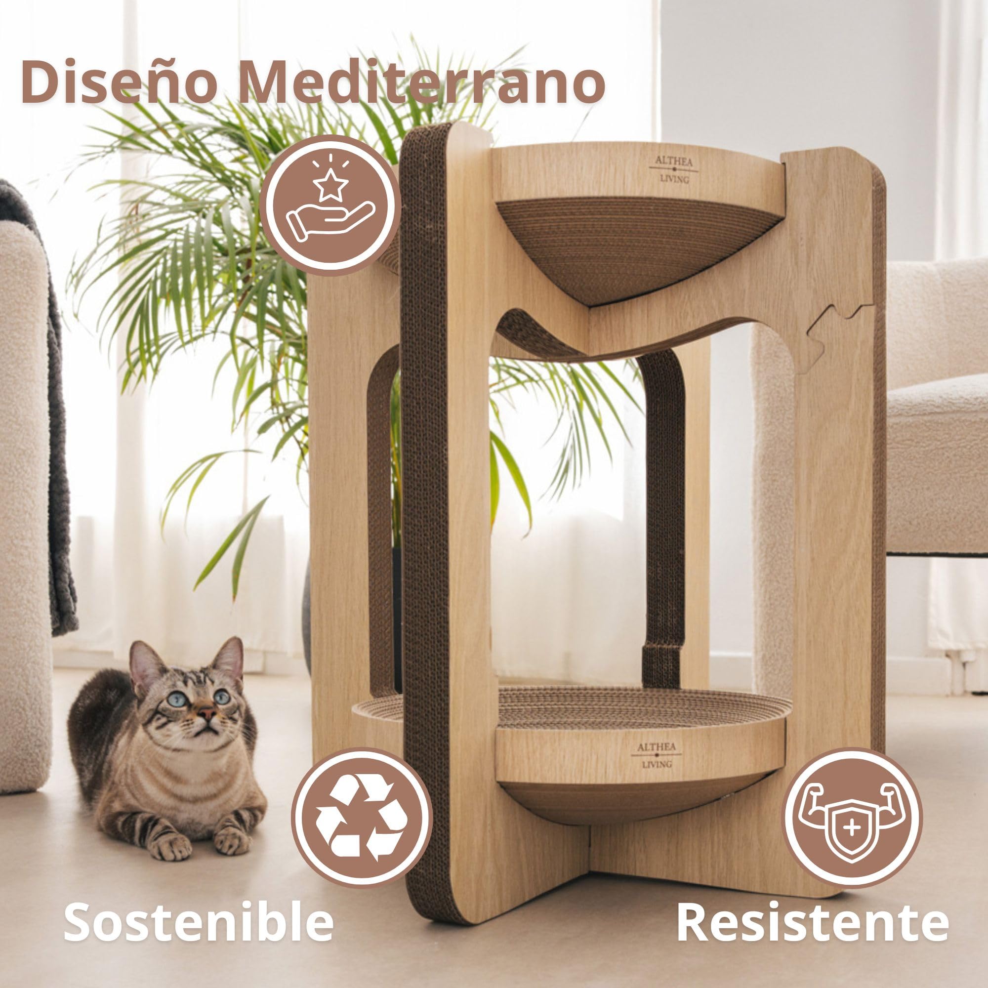 Rascador Torre para Gatos Interior Vigía con Cama Integrada de Dos Alturas | Cartón Corrugado Reciclado Sostenible con Diseño Vertical Compacto | ALTHEA LIVING