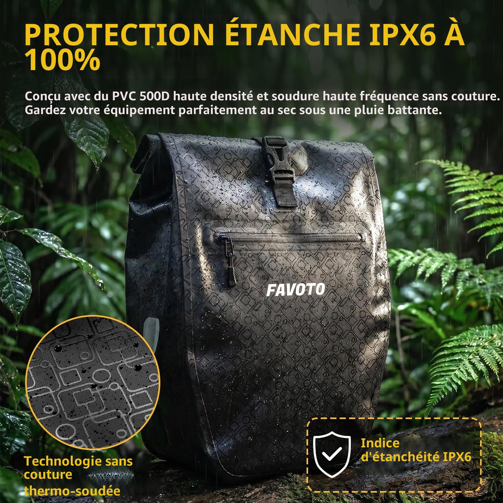 Favoto Sacoche Vélo Porte Bagage Arrière Imperméable, 56L (2×28 L) | Sacoche Vélo Réfléchissante à Libération Rapide avec Sac Intérieur, pour Vélo Électrique et VTT
