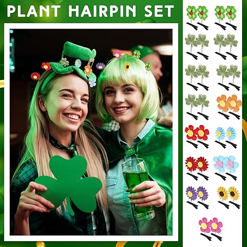 Miniatura 3 de Luinabio 30 pinzas para el cabello con purpurina para el día de San Patricio, horquillas divertidas para plantas, tréboles, brotes de frijoles,