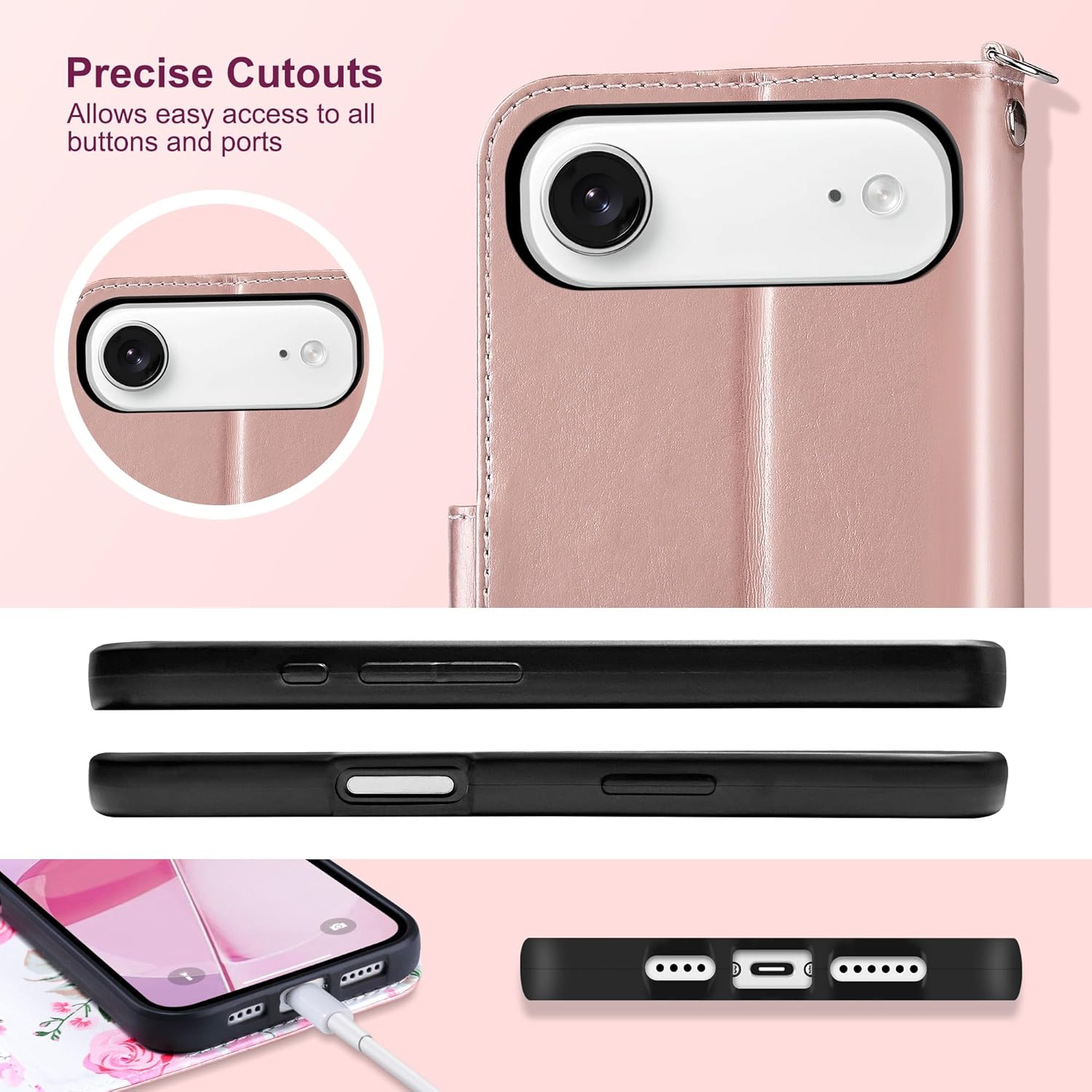 ULAK Compatible with iPhone Air Wallet Case [RFID Blocking], Women PU Leather Shockproof Protective Folio Flip Cover with Card Holder Kickstand for iPhone17 air 6.5 inch 2025, Rose Gold - Image 6