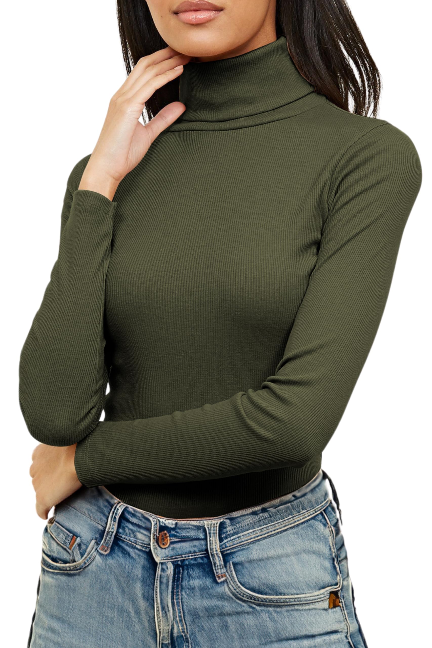 Re Tech Uk Women's Khaki Plain Ribbed Cotton Polo Turtle Roll Neck Tunic Top Jumper Full Sleeve, M/L 12-14