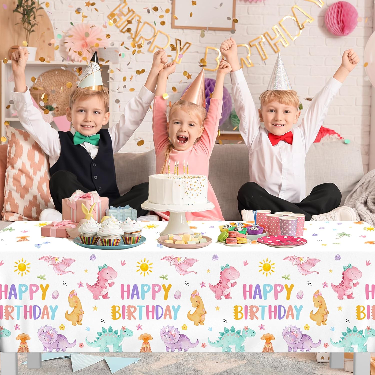 2Pcs Pink Dinosaur Birthday Tablecloths - Pink Dinosaur Party Table Cover for Girls, Pastel Disposable Plastic Dino Themed Table Cloth for Dinosaur Birthday Decorations