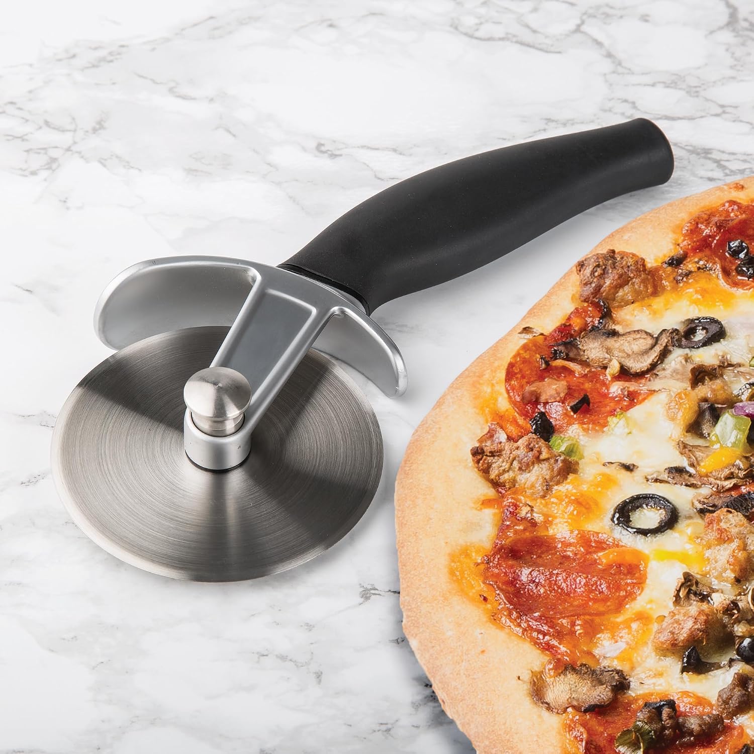 PL8 Artisan Pizza Wheel – Stainless Steel Cutting Wheel with Cast Zinc Frame and Integrated Oven Rack Hook for Easy Pizza Serving