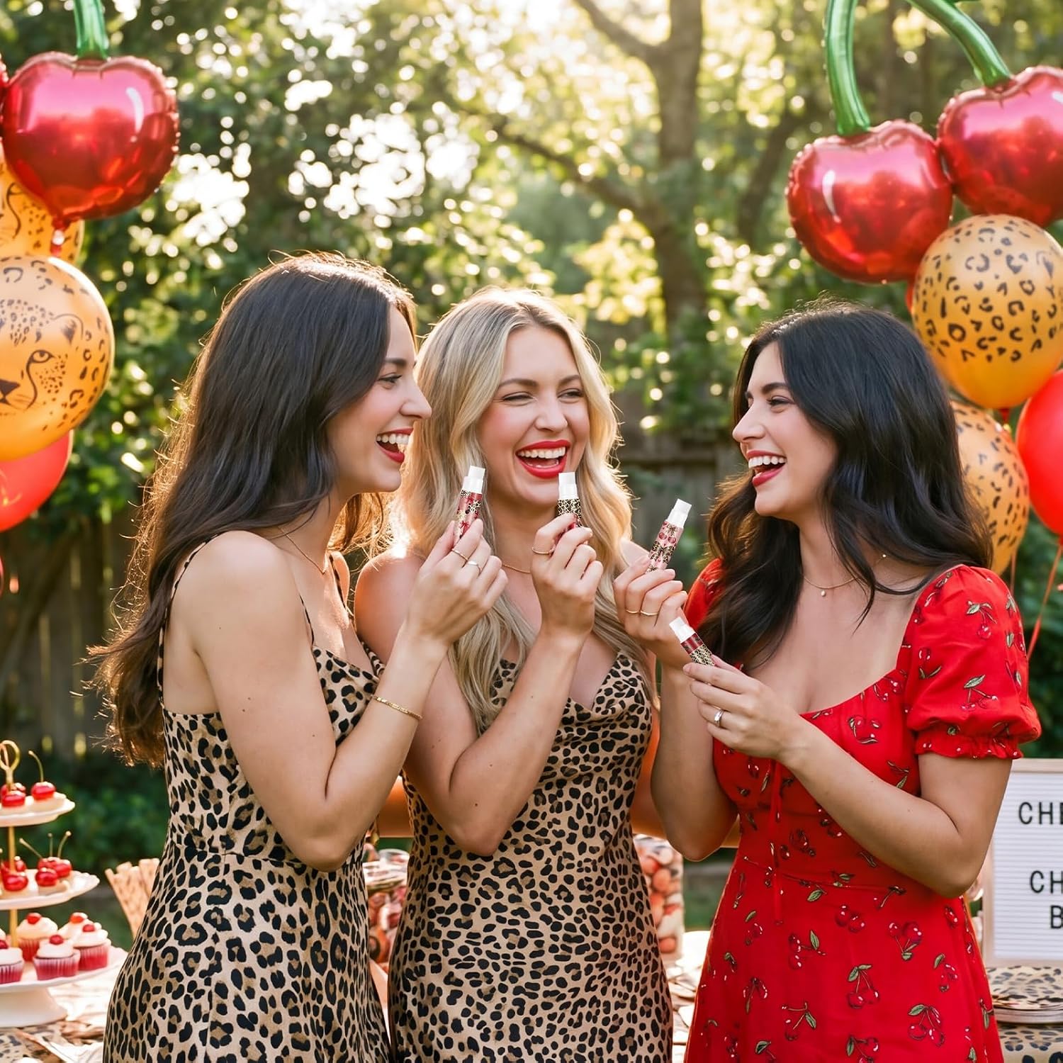 36 Set Cheetah Cherry Party Favors Red Leopard Print Lip Balm Thank You Cards Organza Bag Gifts Bulk for Women Girls Night Cheetah Cherry Disco Wedding Birthday Baby Shower Party Favors