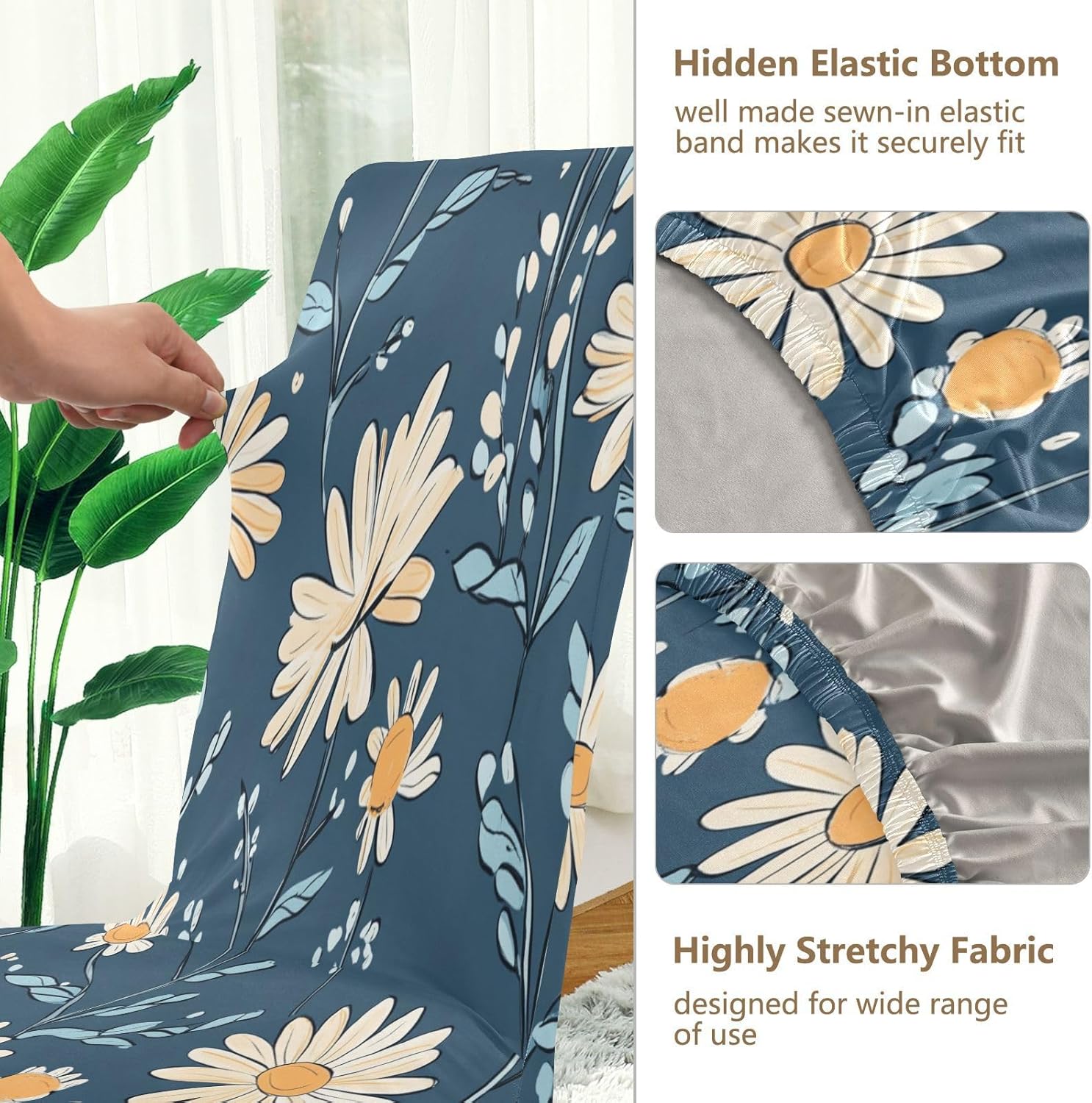 ALAZA Chair Covers for Dining Room, Hand Drawn Elegant Daisy Floral Stretch Chair Cover Sets Chair Protector Removable Washable for Ktichen Restaurant Hotel