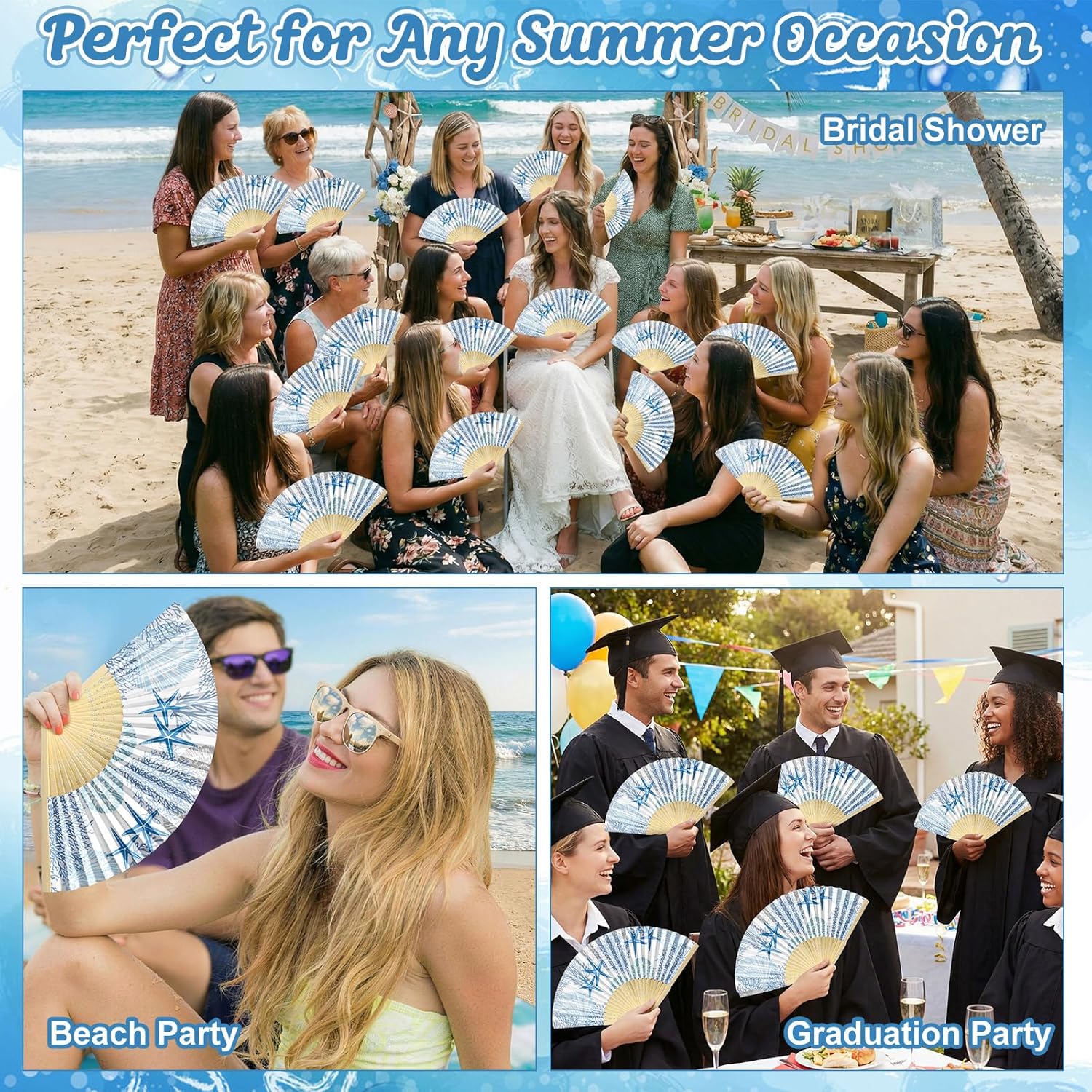 Karenhi 36 Pcs Coastal Folding Fans Bulk Beach Paper Hand Fans Bulk with Ocean Blue Design Summer Party Guests Favors for Bridal Shower Seaside Outdoor Ceremony Decorations