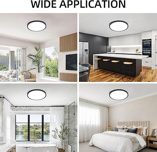 hykolity 12 Inch Selectable CCT LED Round Flat Panel Light, 24W 3000K/4000K/5000K, Edge-Lit Flush Mount Ceiling Light Fixture for Kitchen, Bedroom, Laundry and Closet Room，Black(Black,12 inch)