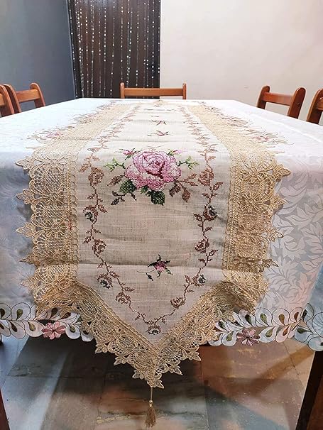 MONKDECOR (O.F) Cross Stitch Embroidery Design Dining Table Runner (Size-15x70 Inches) - Gold&Pink