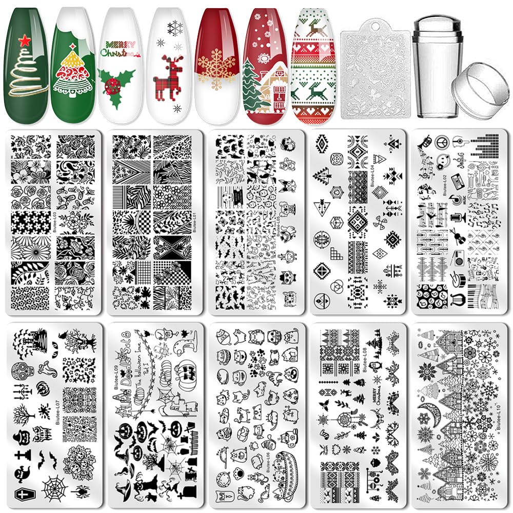 Biutee Nail Stamping Plates 10pcs Templates with stamper Nail Art Plates set Christmas halloween animal flower design
