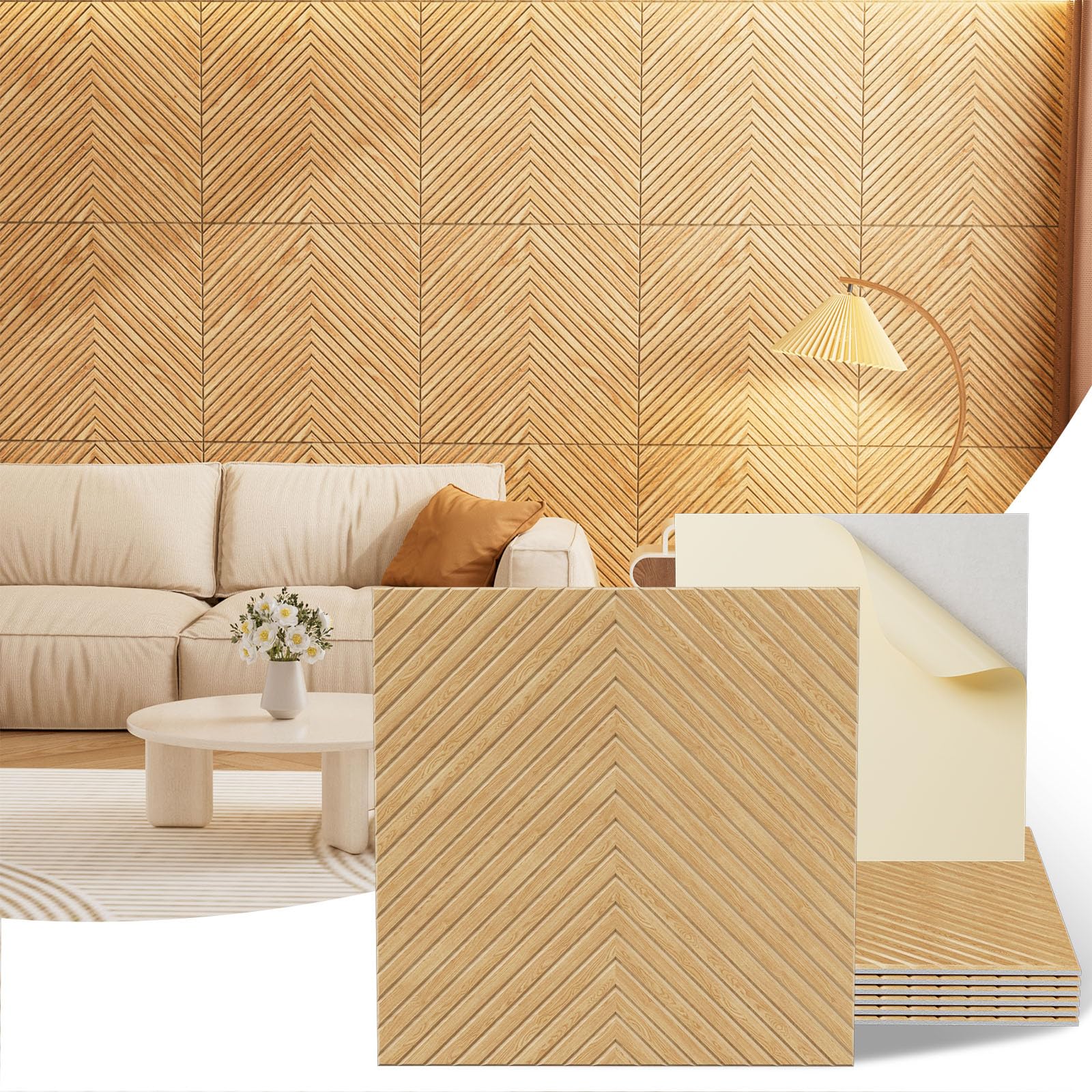 Vellorise 어쿠스틱 벽 패널, 6피스 60 x 60cm(23.6 x 23.4인치) 필 앤 스틱 벽 패널, 고밀도 폴리에스터 섬유, 내부 벽 장식용 자체 접착 방음, 목재 Vee 헤링본