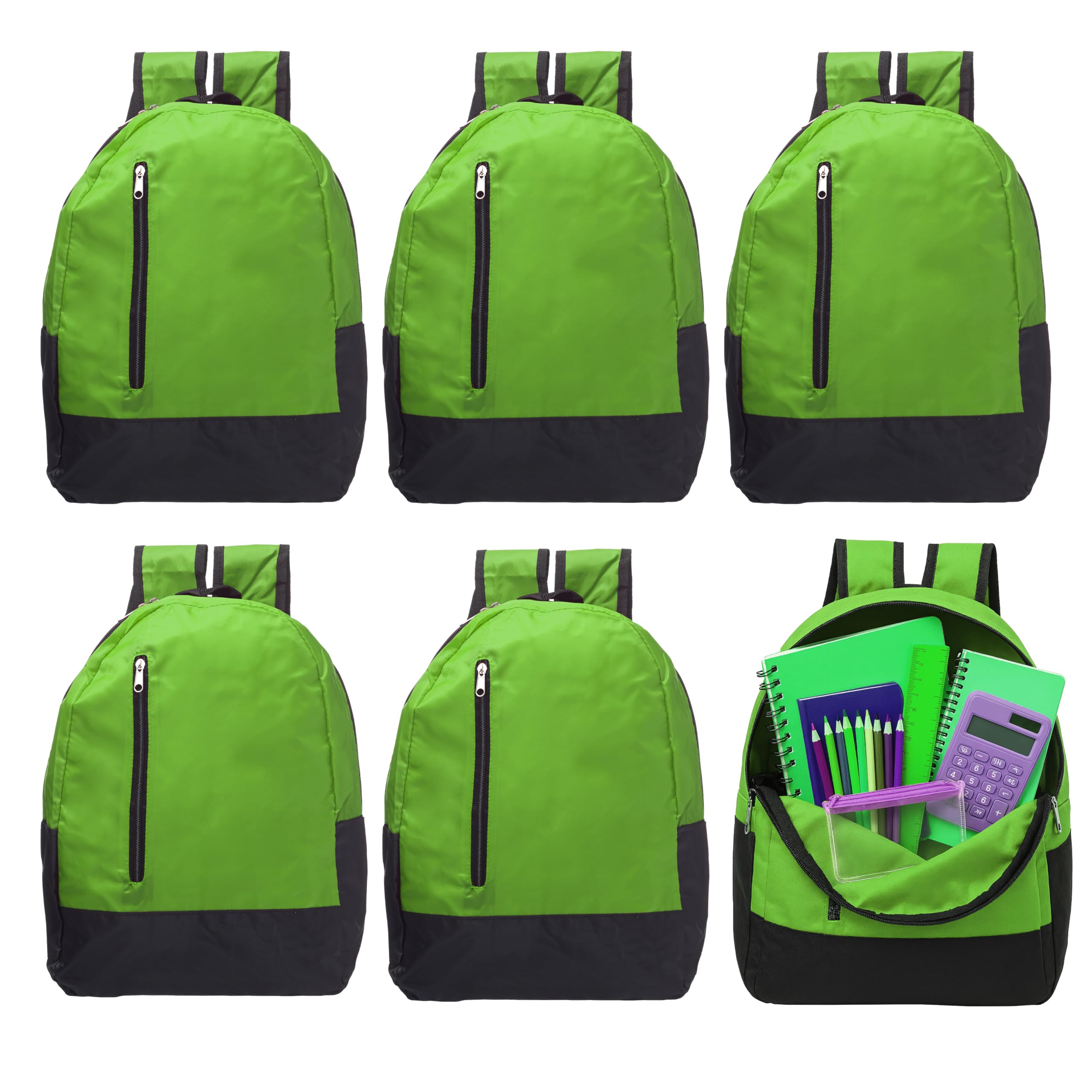 DISCOUNT PROMOS 6 Quick Zip Backpacks Set - Polyester, Unique features, Front Pocket, Vibrant - Green