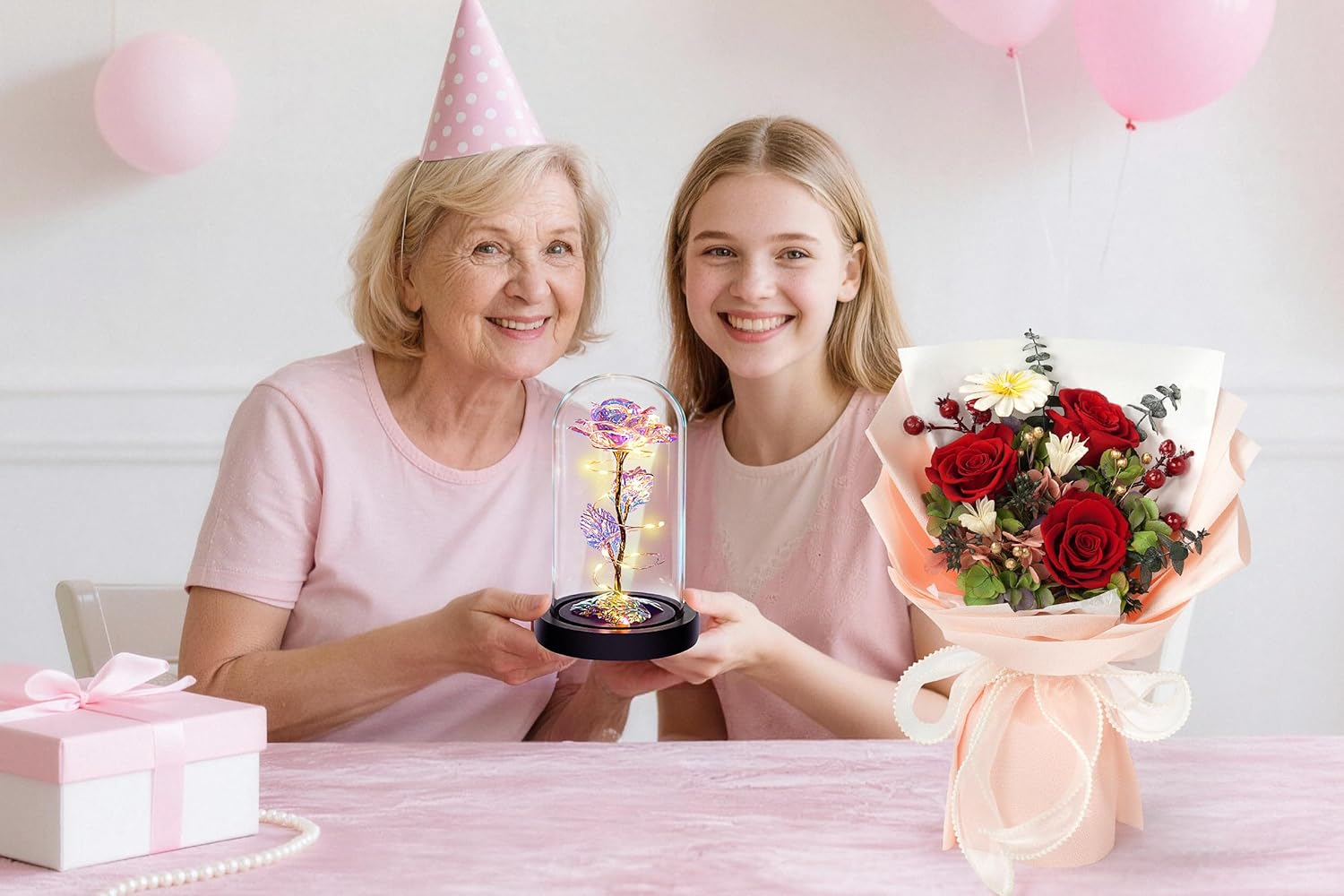 Childom Birthday Gifts for Women,Light Up Rainbow Rose Dome,Preserved Flowers for Delivery,Red Real Roses Bouquets,Sweet Flowers Gift for Mom Women Wife Grandma Anniversary Wedding Valentines Day