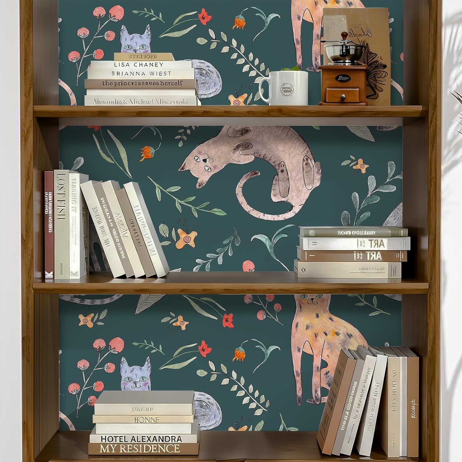 Cat Animals Wallpaper Peel and Stick Watercolor Whimsical Green Cute Children Botanical Leaf Self Adhesive Removable Waterproof Wallpaper Contact Paper for Bedroom Renter Friendly 17.71"x236.2"