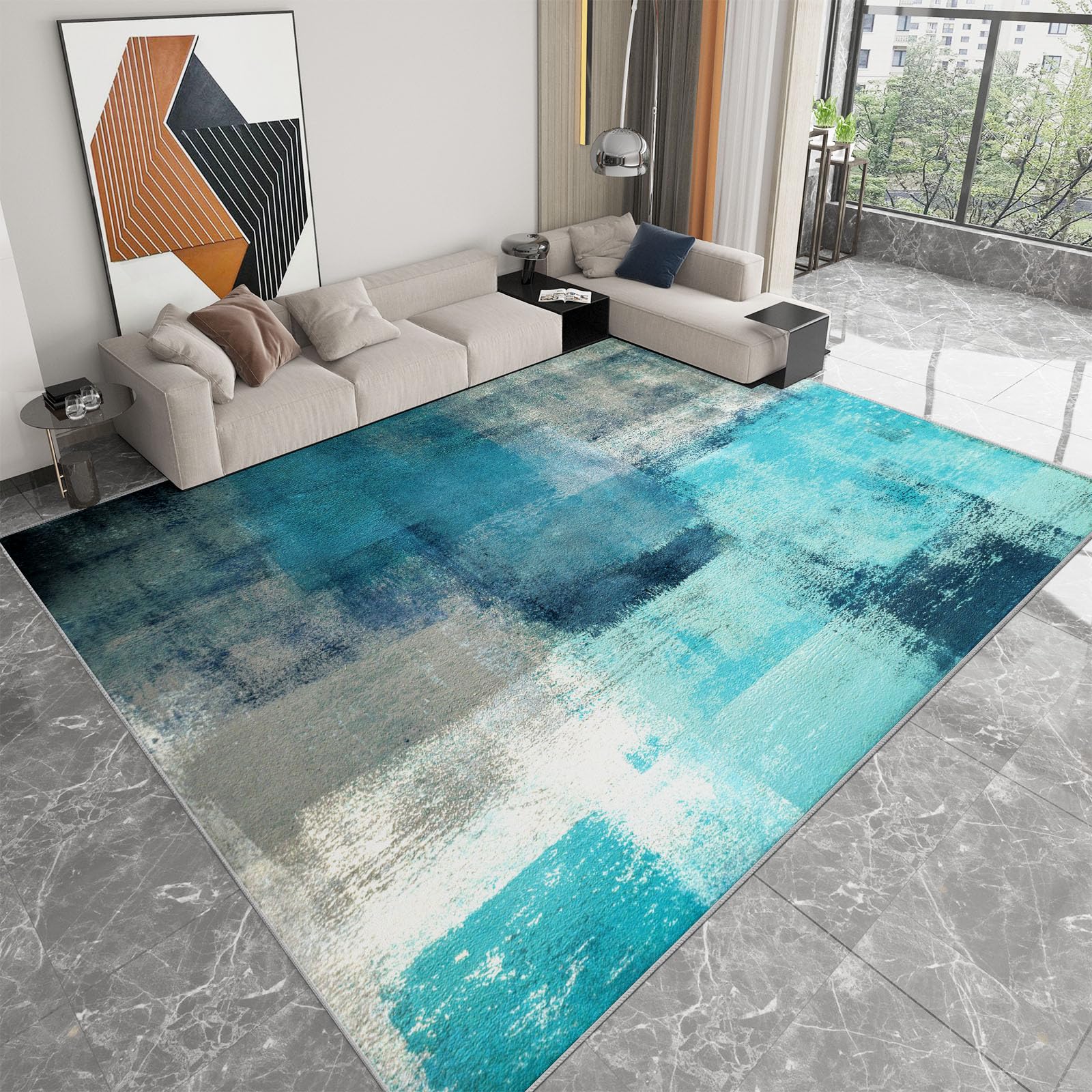 Teppich Wohnzimmer 160x230 cm Abstrakt Türkis Blau, Moderner Kurzflor Teppich Malerei-Optik, Waschbar & Anti-Rutsch, Weicher Designer Teppich für Schlafzimmer Esszimmer Büro