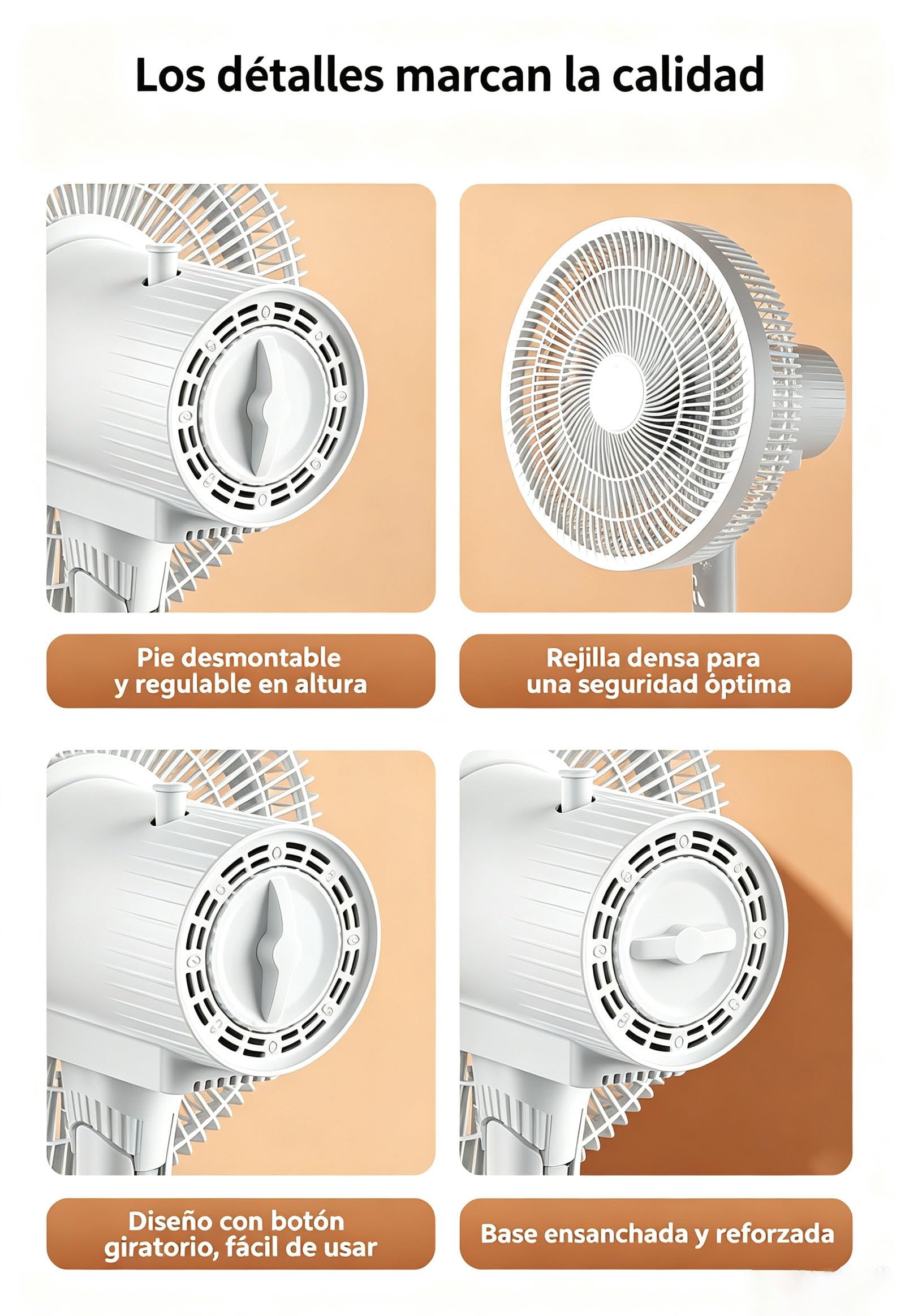 Ventilador de Pie Silencioso Blanco 50 W, 3 Velocidades | 30 cm, 91 cm Altura, Oscilación Automática, Doble Uso: Mesa o Pie, Base Estable, Hogar y Oficina
