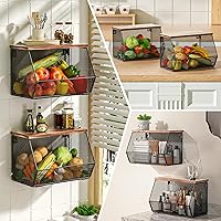 Vista 6 de Stackable Fruit Basket for Kitchen Countertop Space Saving, Wall Mounted Mesh Metal Wire Basket with Wood Lid Extra Storage, 2 Pack Kitchen Counter
