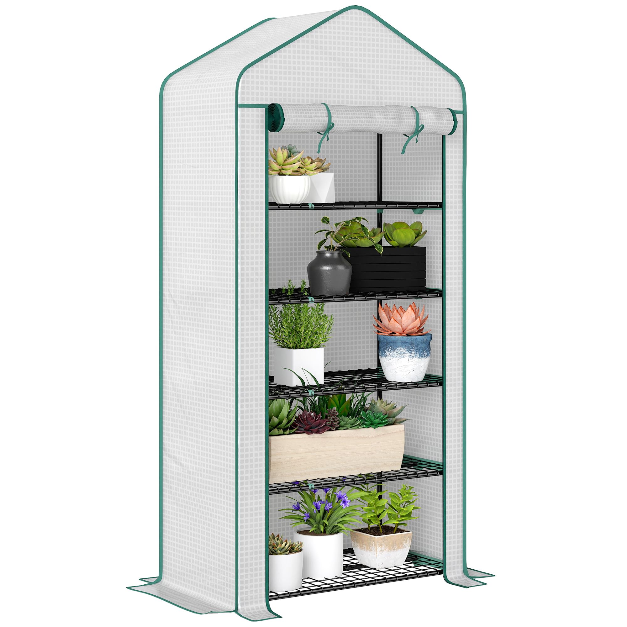 Outsunny Serra da giardino per balcone 5 livelli con 1 porta avvolgibile, telaio in acciaio e telo PE rinforzato per impieghi gravosi dim. 90L x 49W x 193H cm