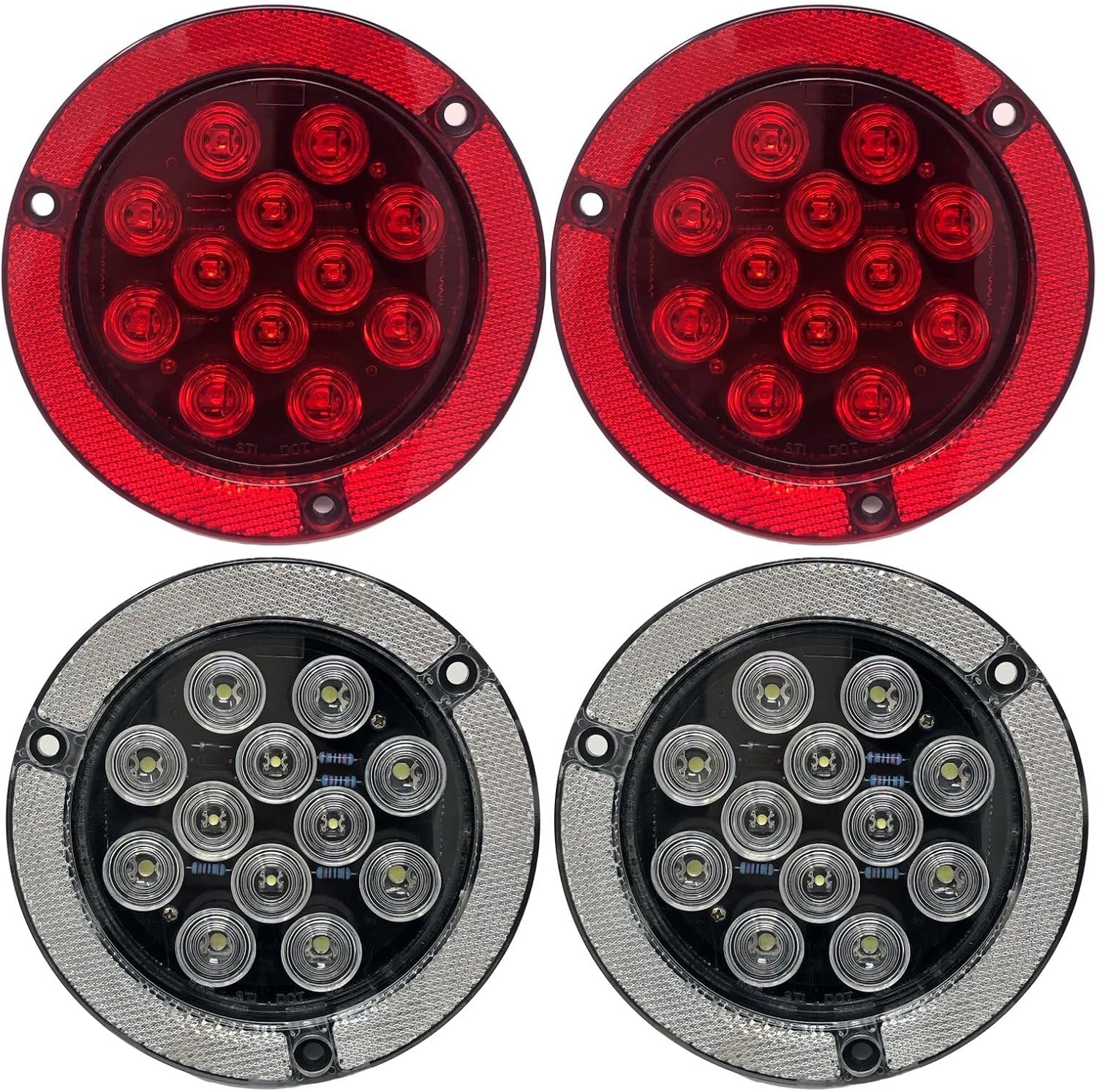 [ALL STAR TRUCK PARTS] 4" Inch Flange Surface Screw Mount Reflective Ring White 12 LED Round Reverse Backup Tail Trailer Truck Flatbed RV Camper Bus Boat Light Kit 3 Wire Pigtail Plug 12V (White, 2)